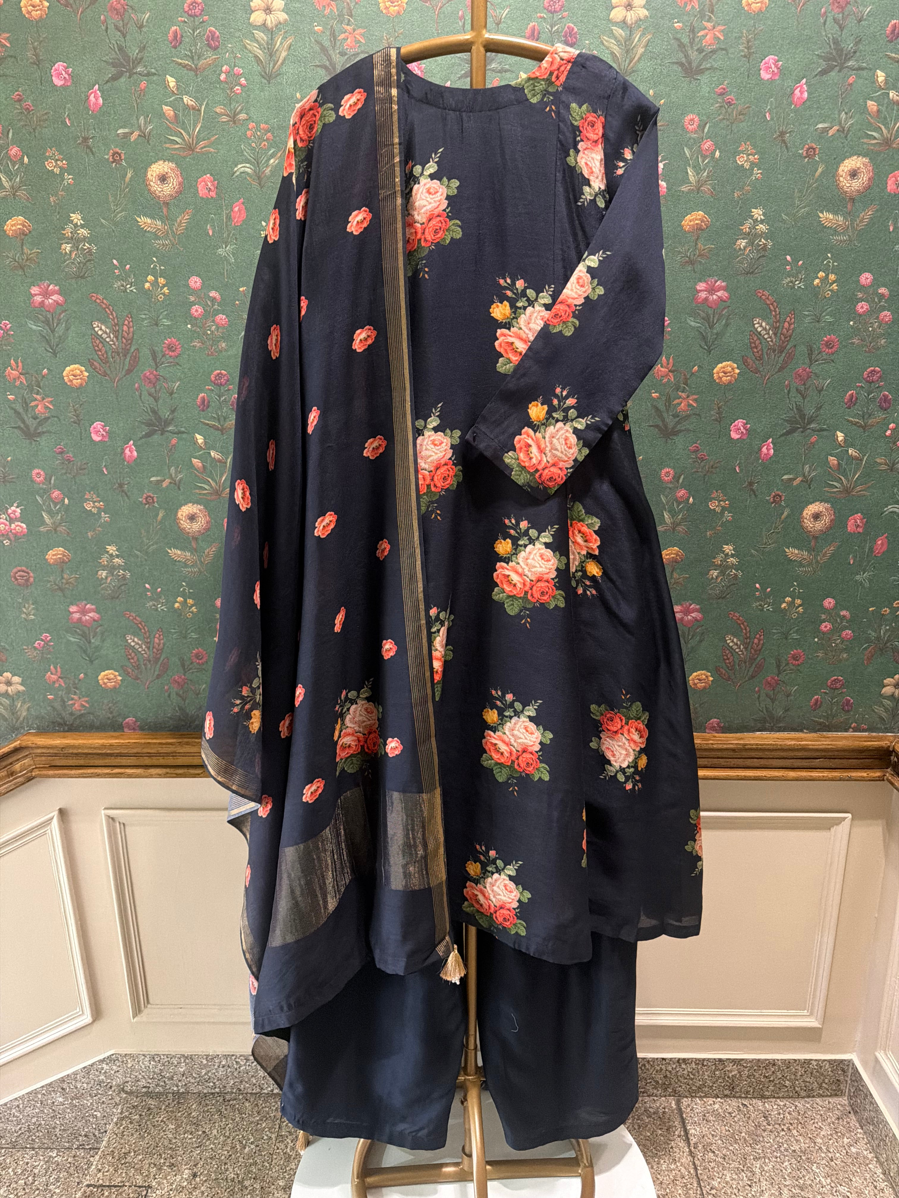 Twilight Black Floral Chanderi A-Line Suit Set x Celina | HER-607