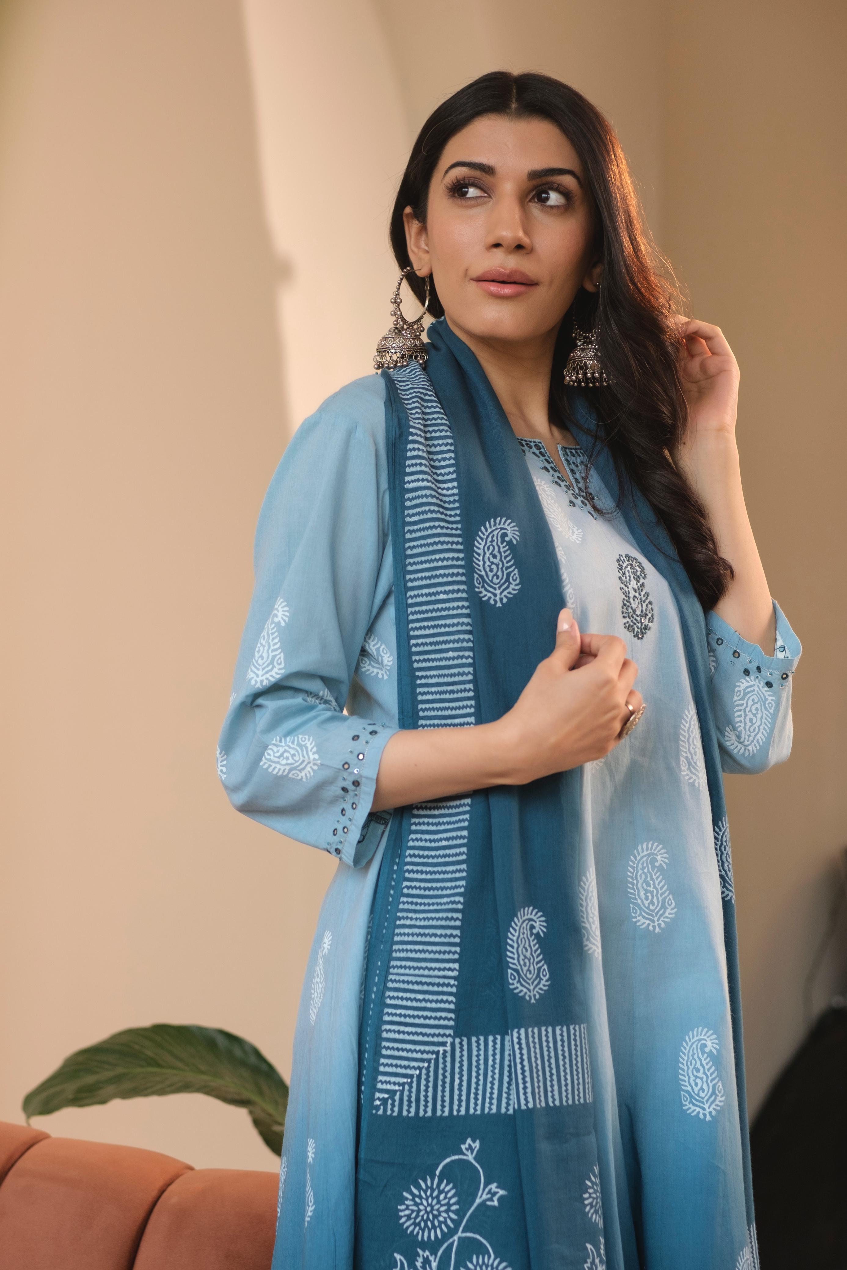 Ombré Blue A-Line Suit Set, with Palazzo Pants | HER-545