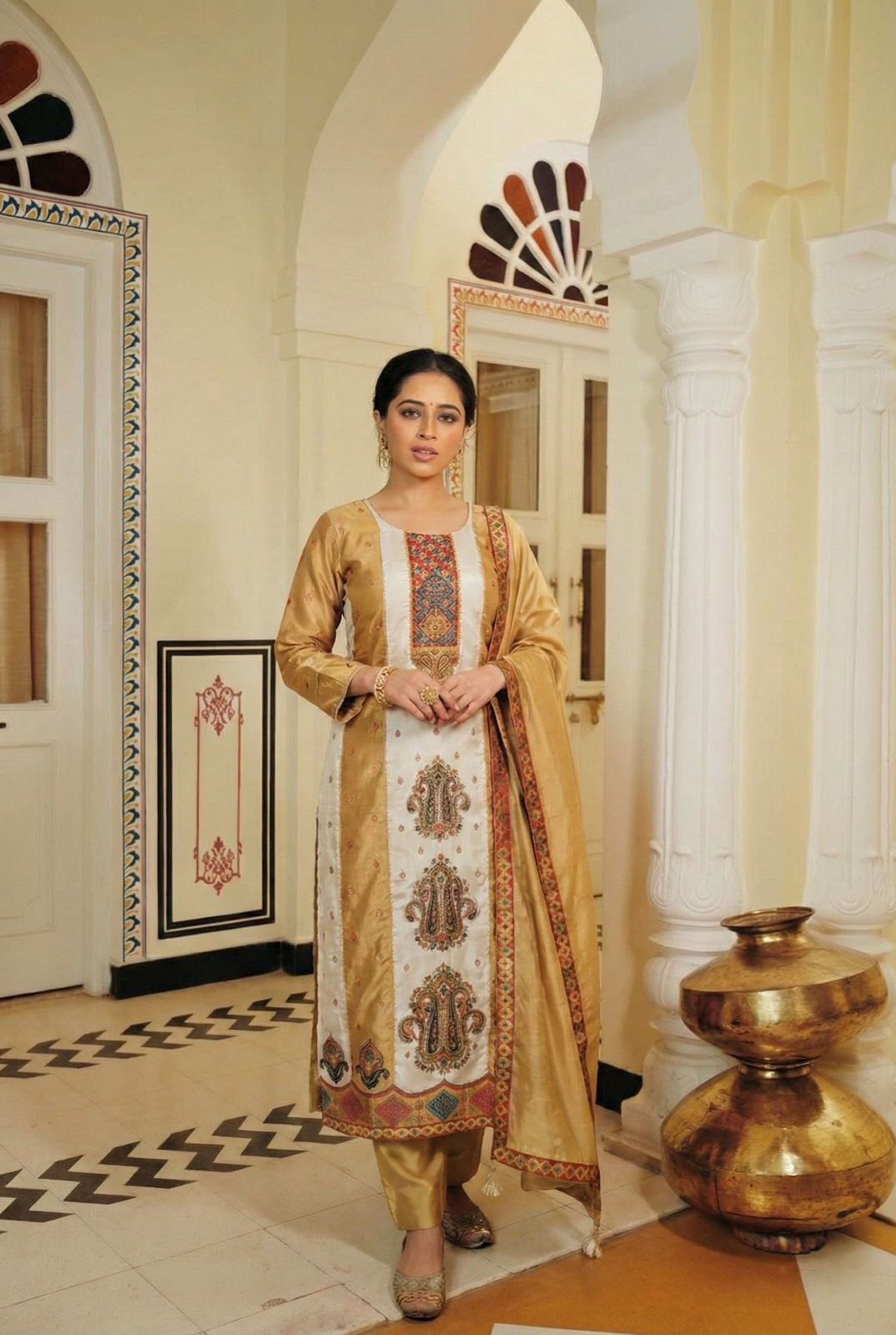 Mustard Yellow Jacquard Suit Set | HER-466