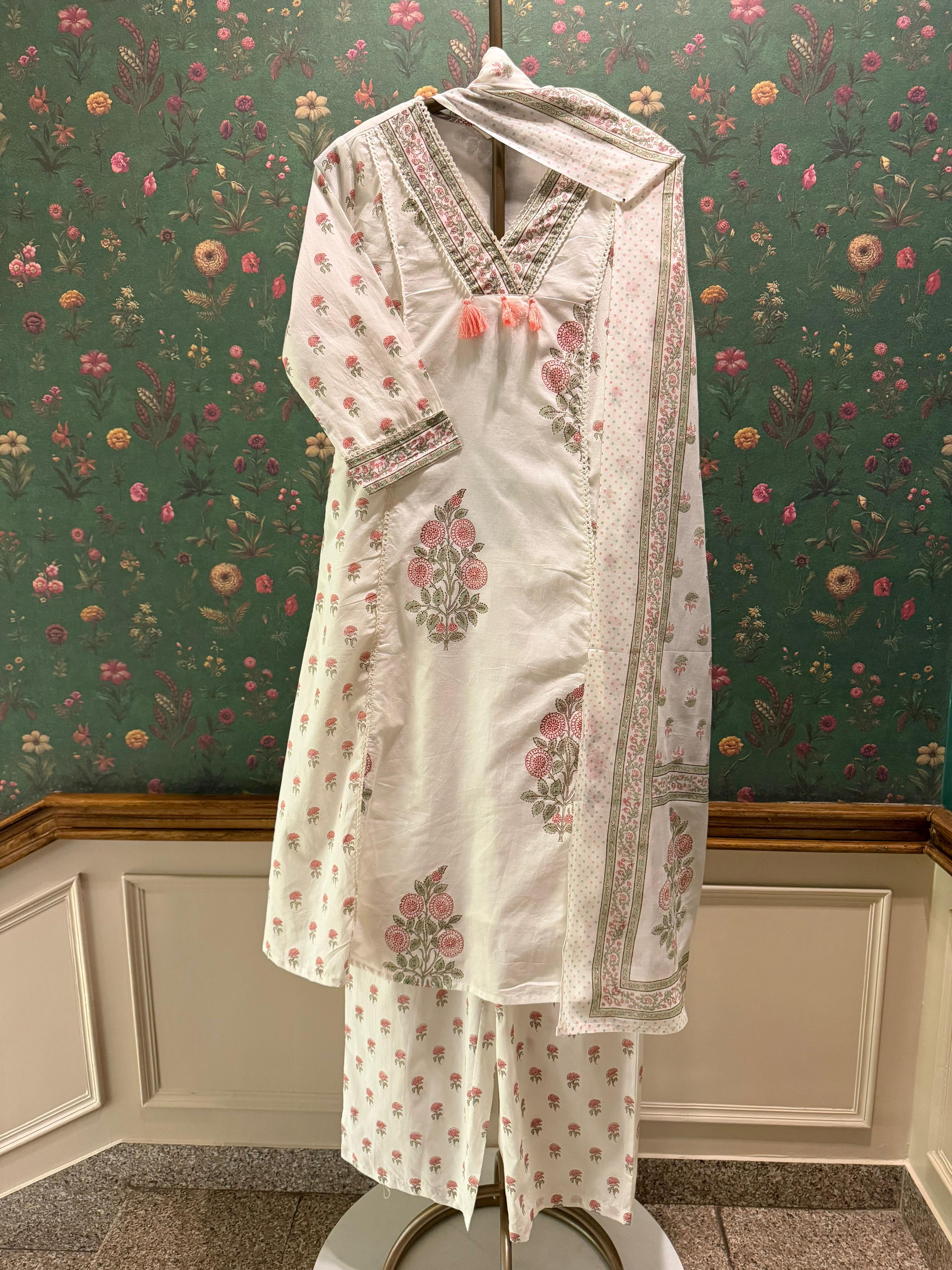 Ivory Floral Hand Block A-Line Cotton Suit Set | HER-716