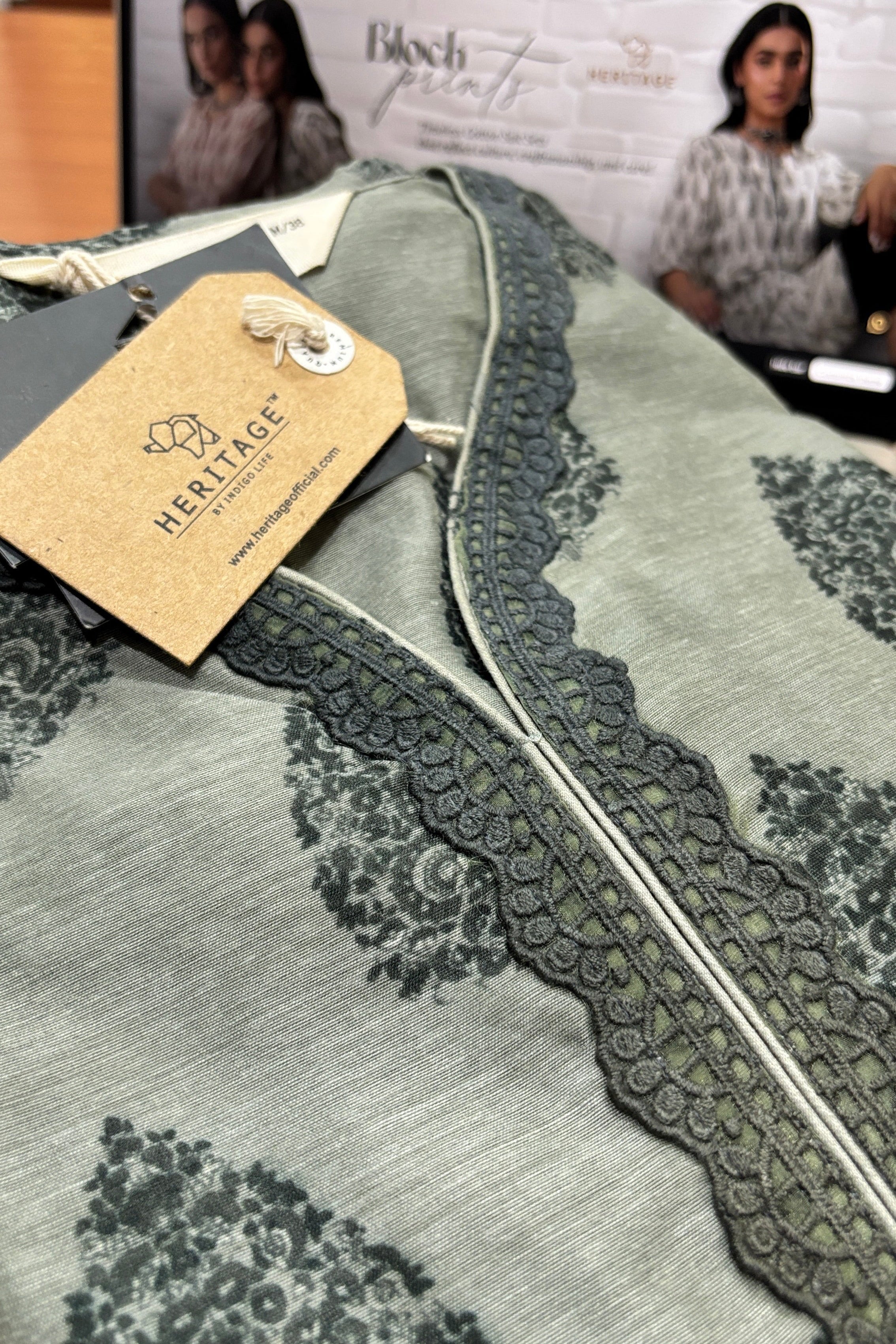 Tehzeeb Charcoal Sage Green Chanderi Suit Set | HER-411