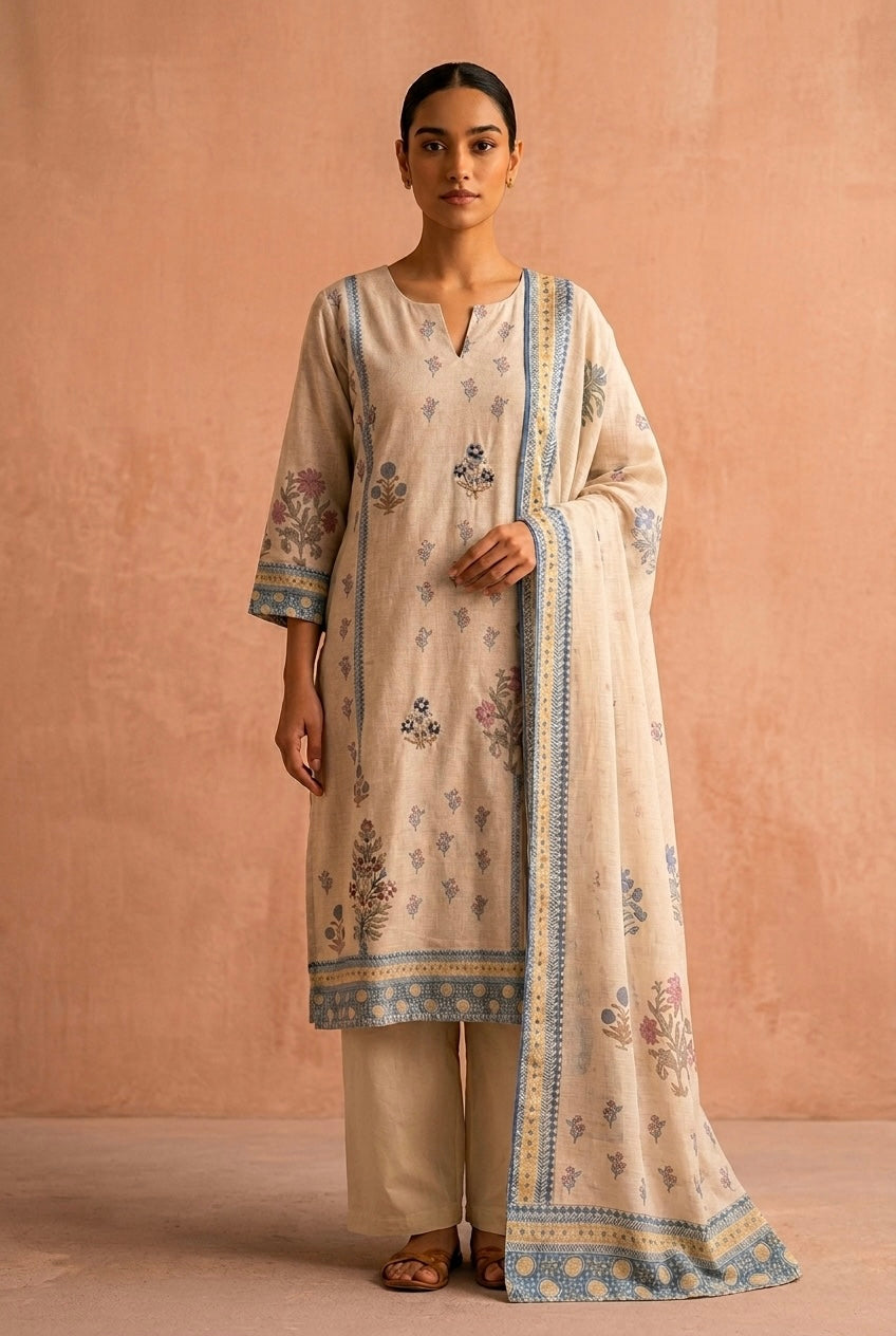 Beige Floral Embroidered Cotton Linen Suit Set | HER-668