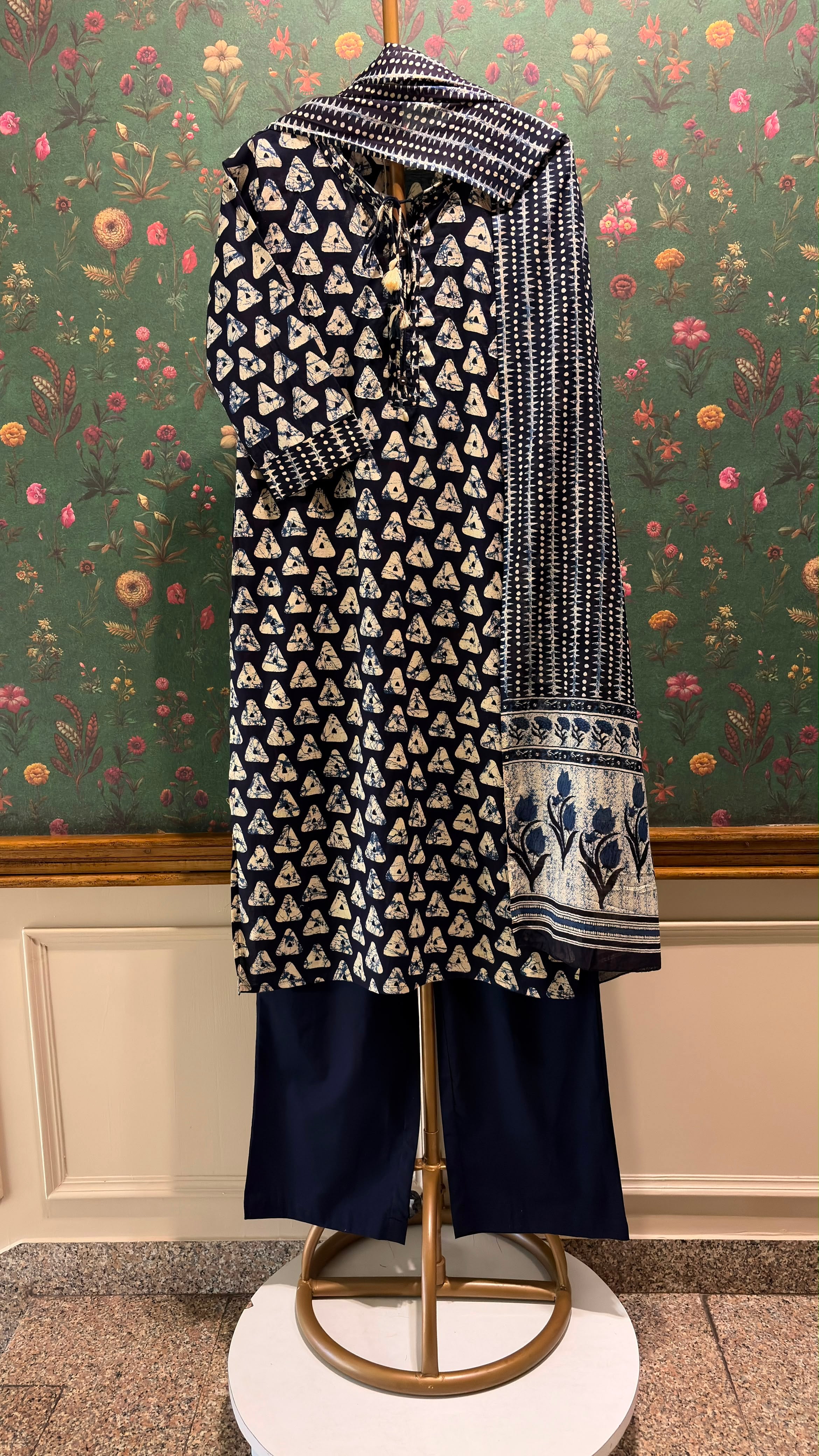 Indigo Blue Batik Printed Cotton Suit Set | HER-675