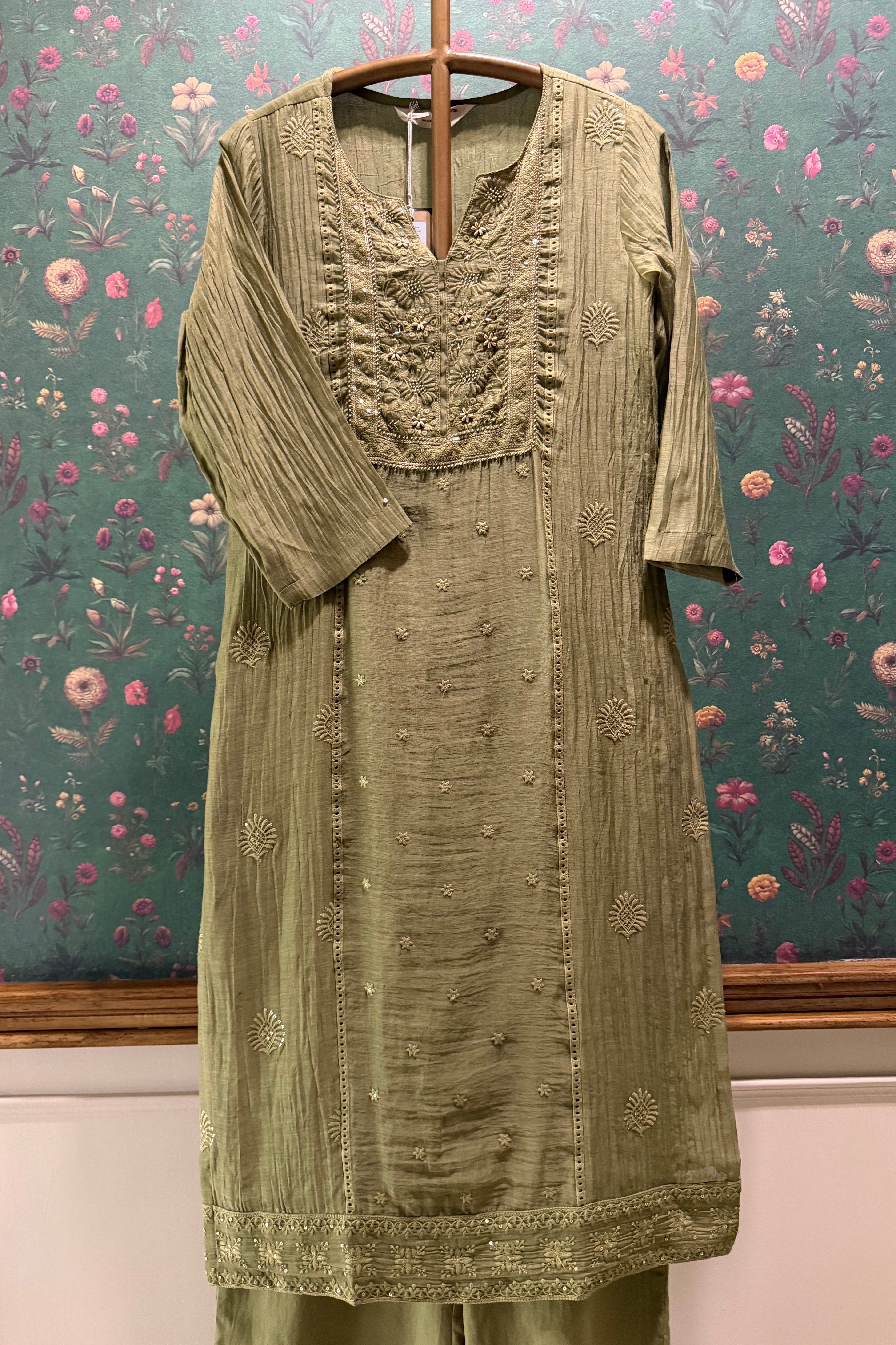 Antique Olive Green Noor Chikankari Suit Set | HER-620