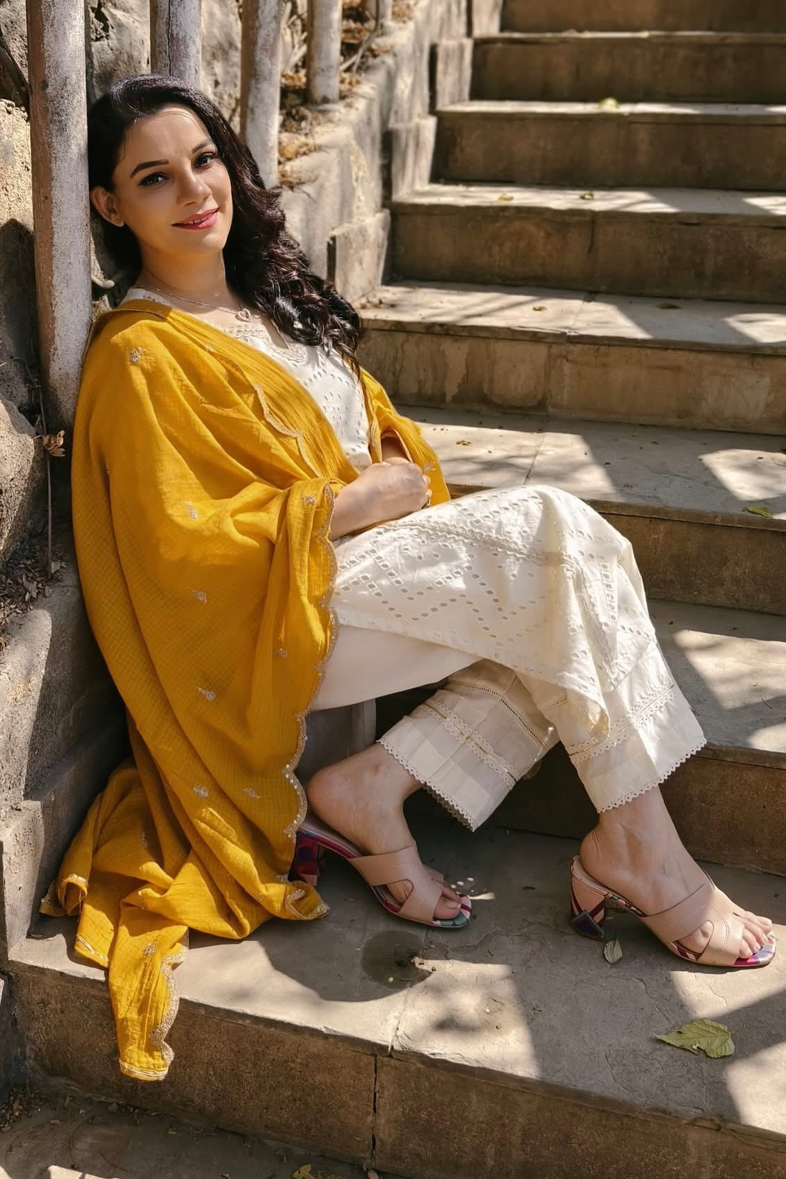 Off-White, Mustard Schiffli Cotton Suit Set | HER-309