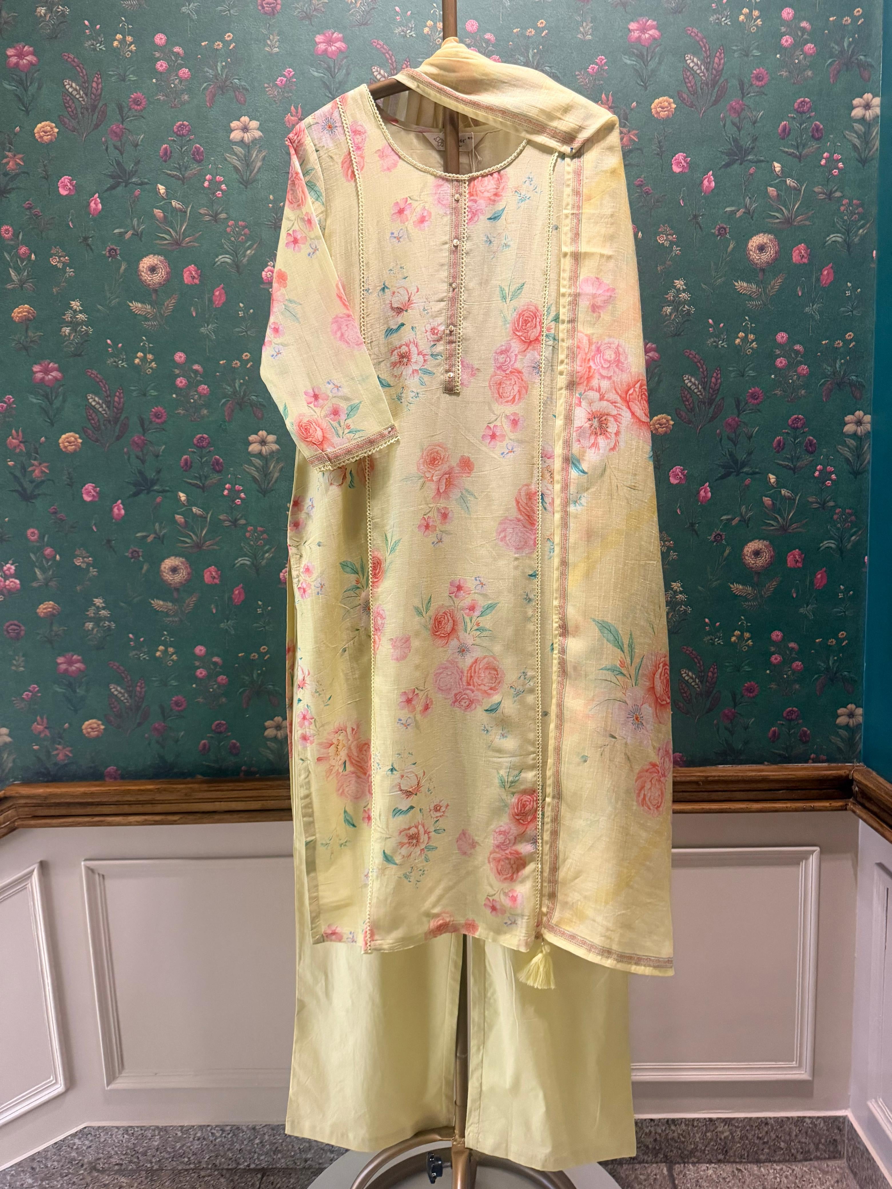 Pastel Yellow Floral Printed Cotton Linen Suit Set | HER-773