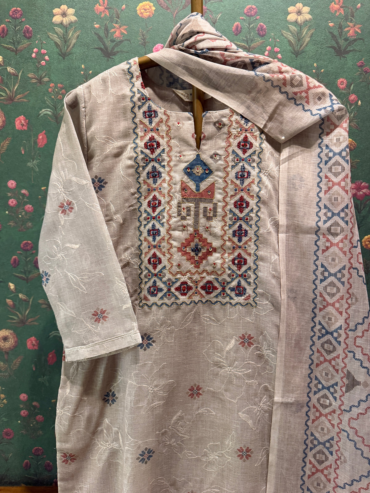 Warm Ivory Linen Embroidered Suit Set