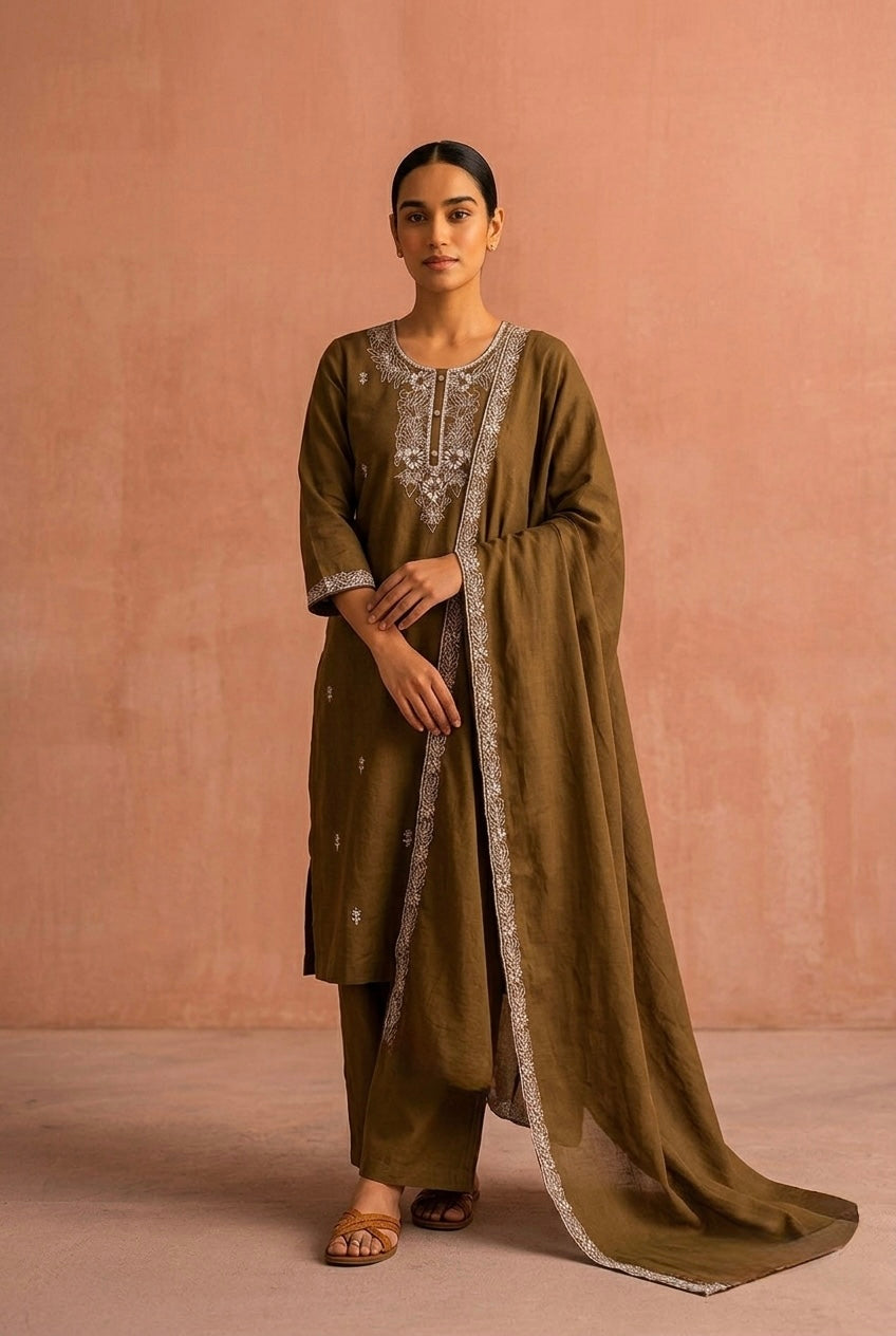 Cocoa Brown Embroidered Cotton Suit Set | HER-686
