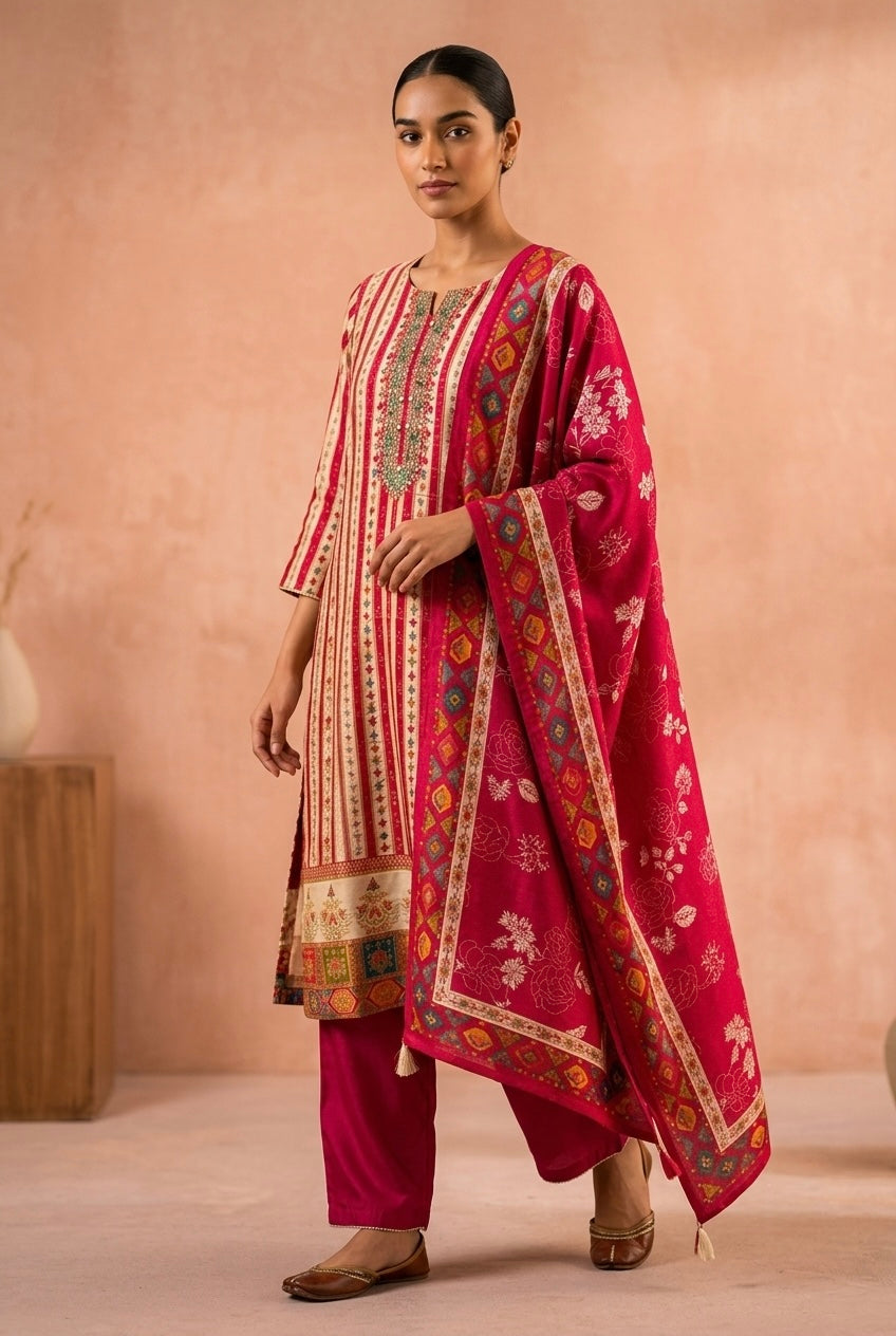 Rangriti Red Dola Jacquard Suit Set | HER-549