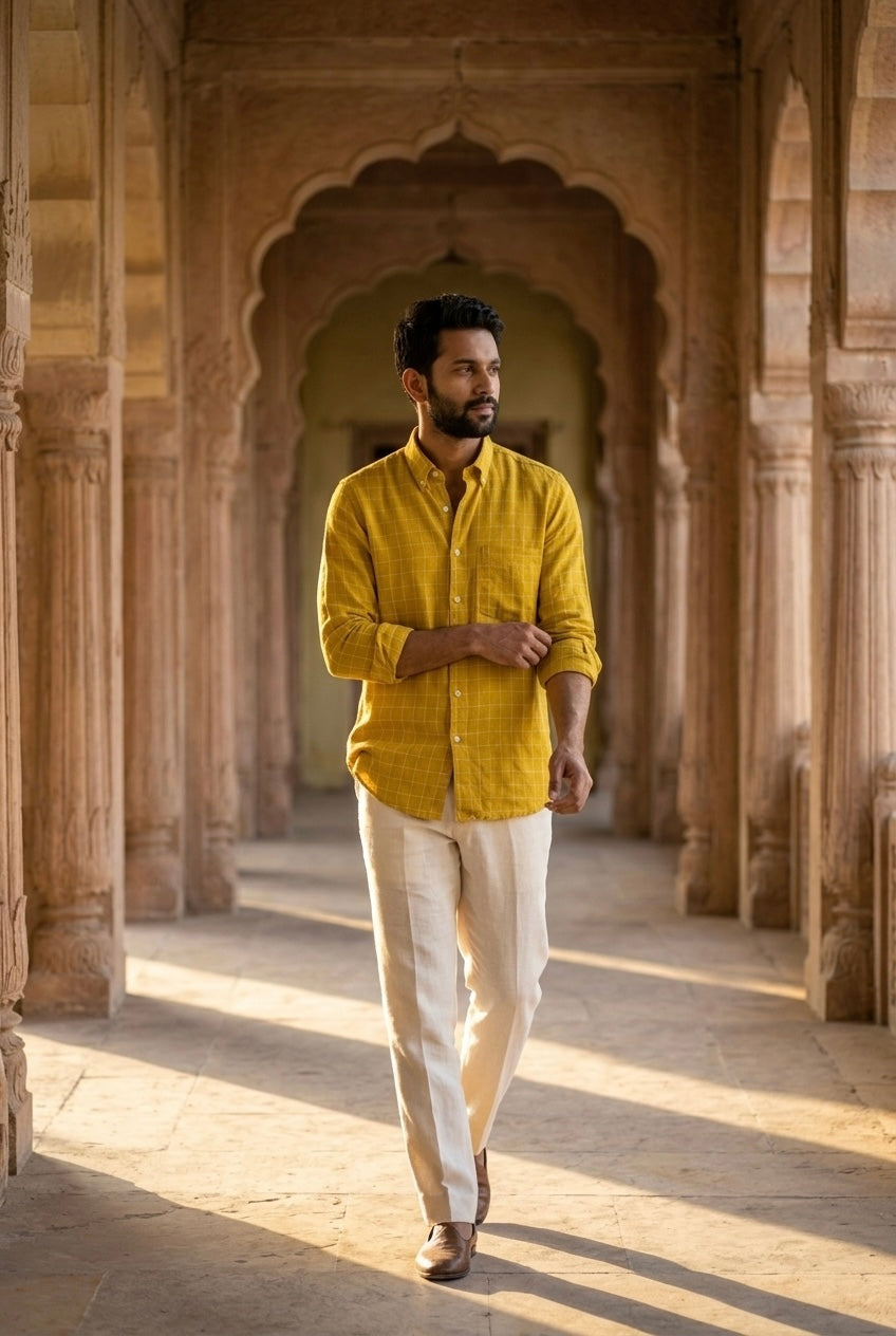 Mustard Yellow Check Men’s Pure Linen Full Sleeves Shirt