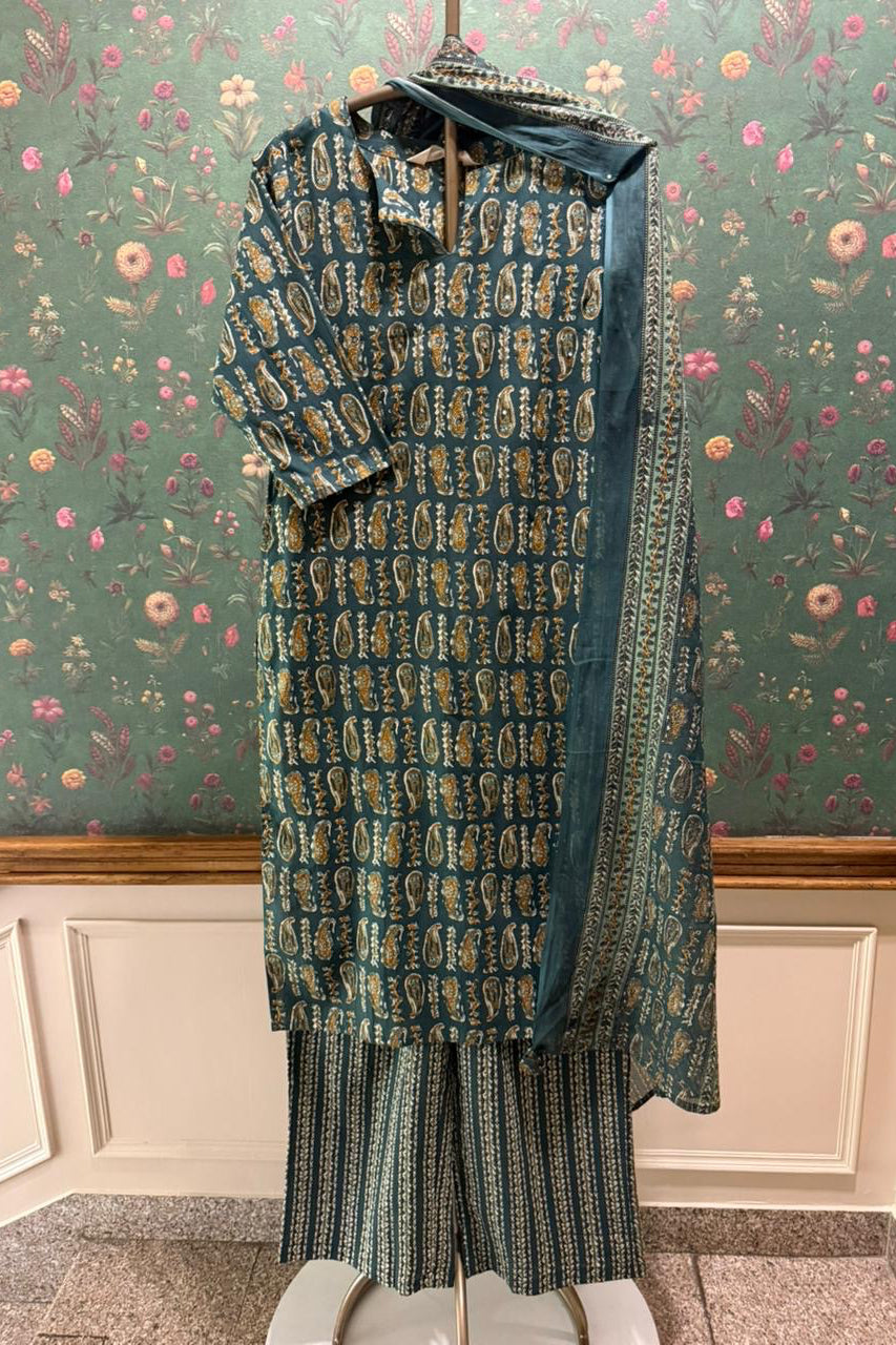 Teal Paisley Printed Cotton Suit Set | HER-734
