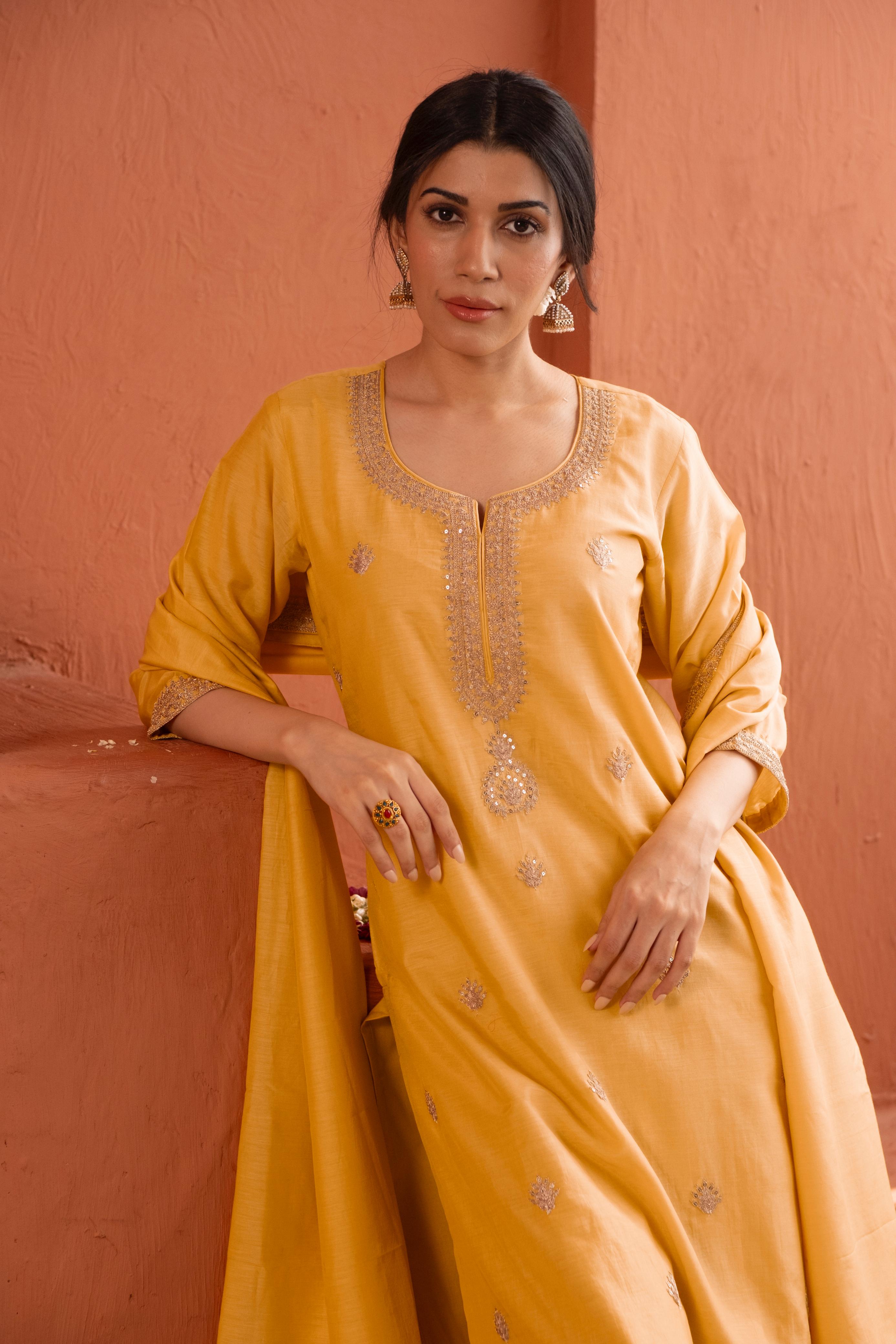 Aafreen Yellow Mul Chanderi Embroidered Suit Set | HER-543