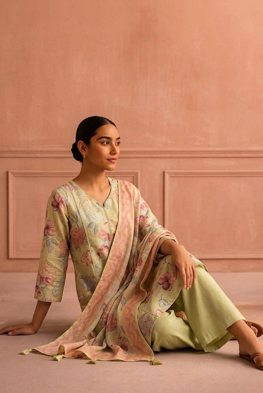 Pastel Lime Floral Printed Linen Cotton Suit Set | HER-768