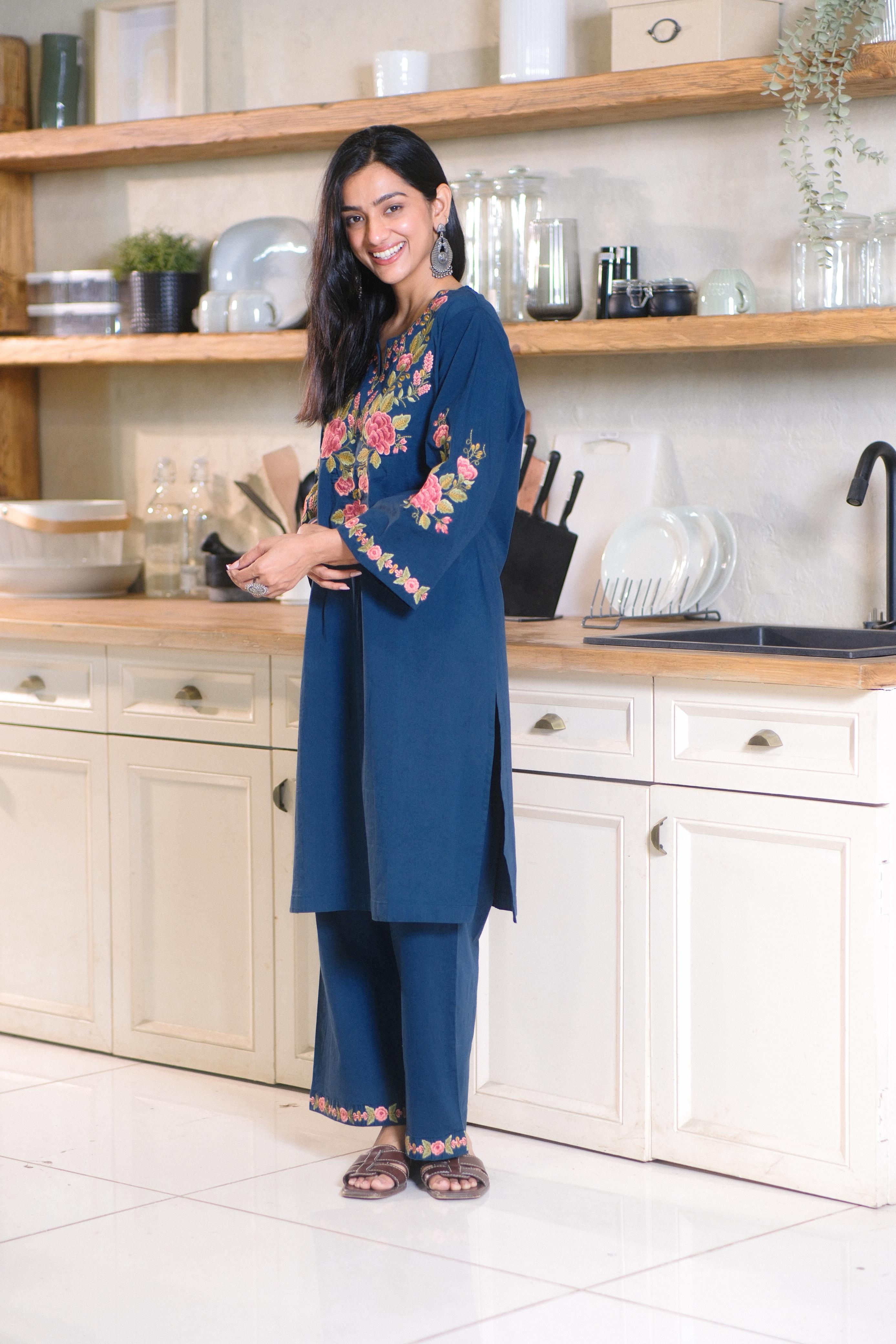 Teal Blue Embroidered Kurta Set | HER-721 x Prachi