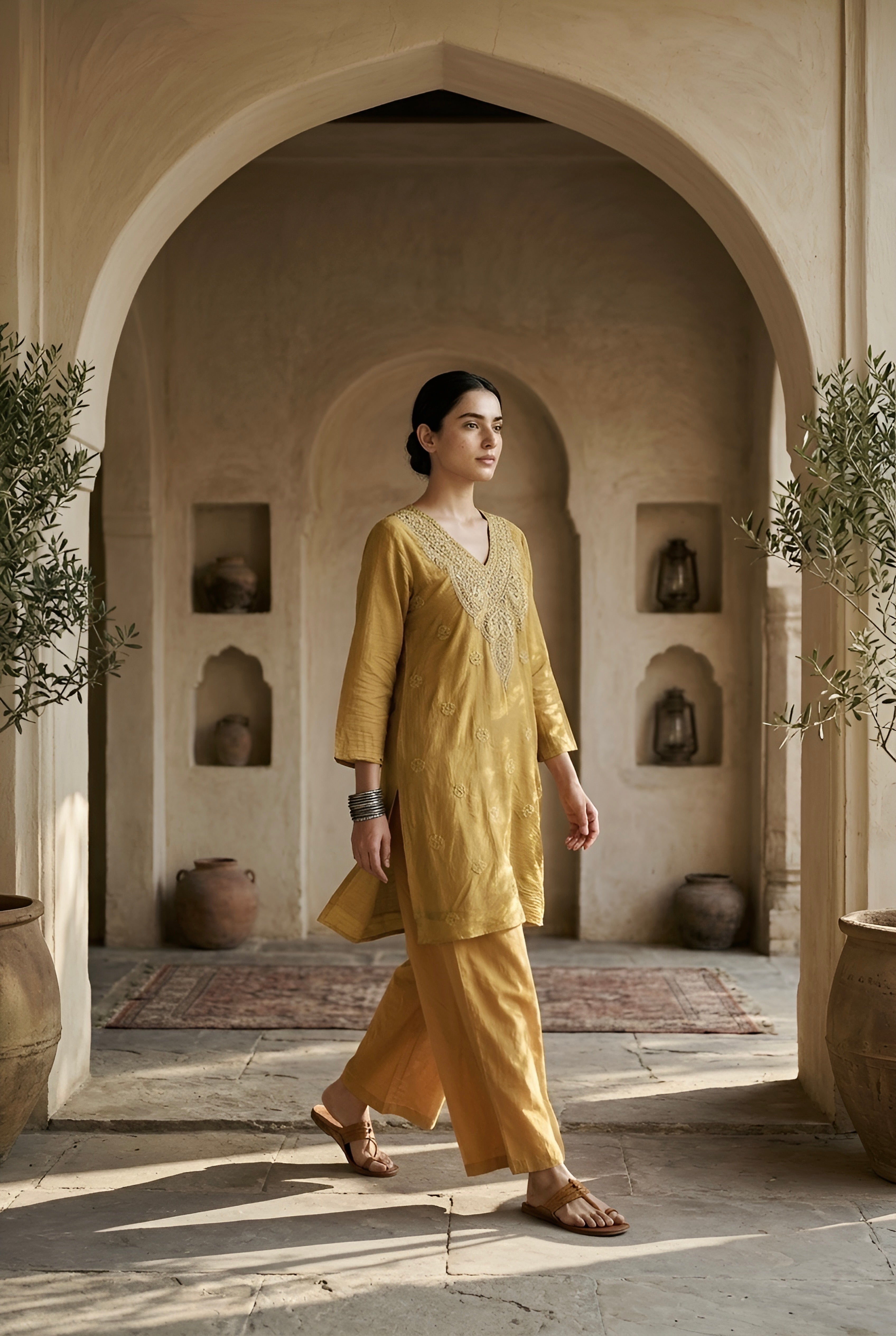 Mustard Yellow Mul-Chanderi Kurta Set