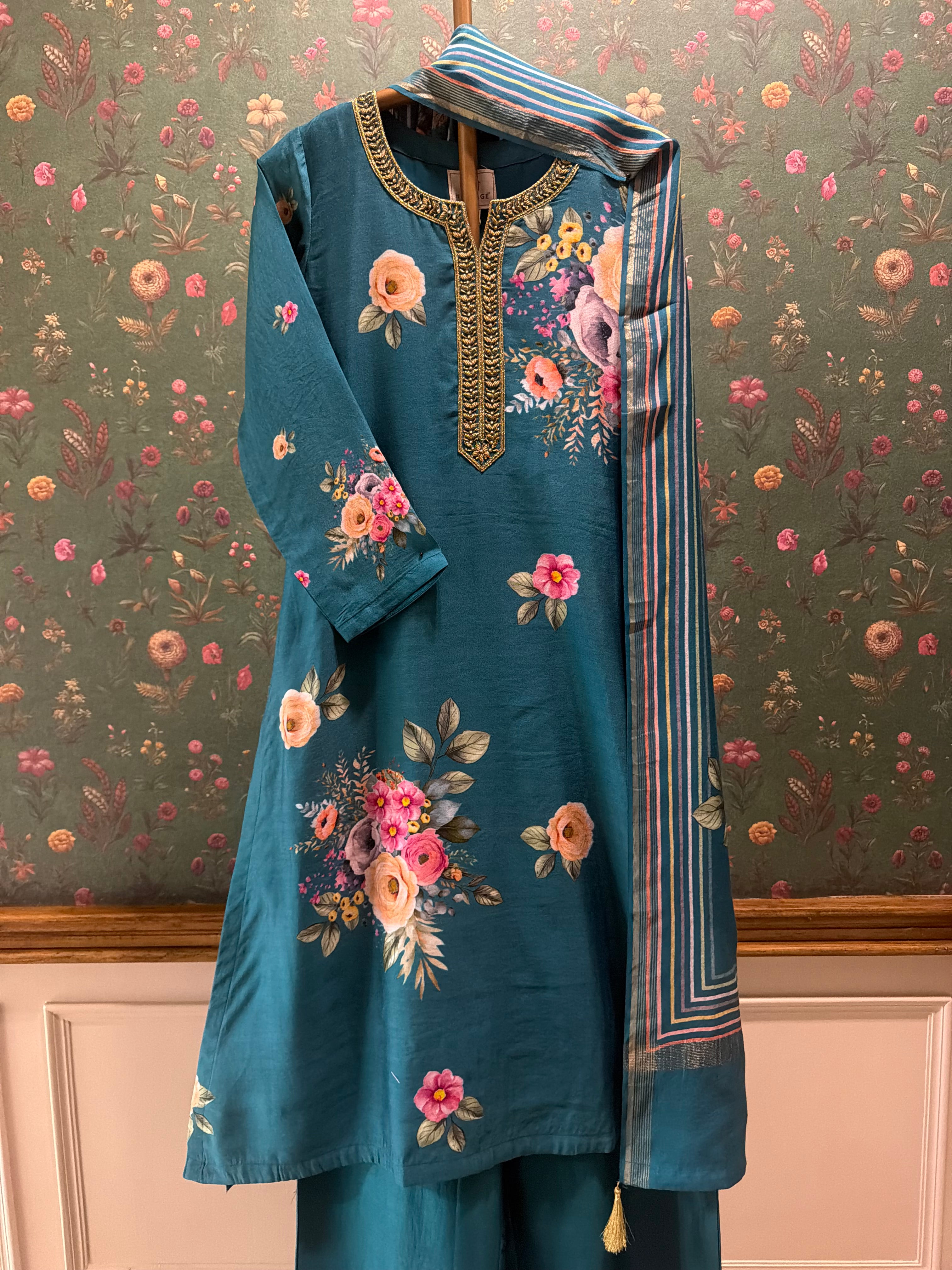 Emerald Teal Blue Floral Chanderi Suit Set x Celina | HER-606