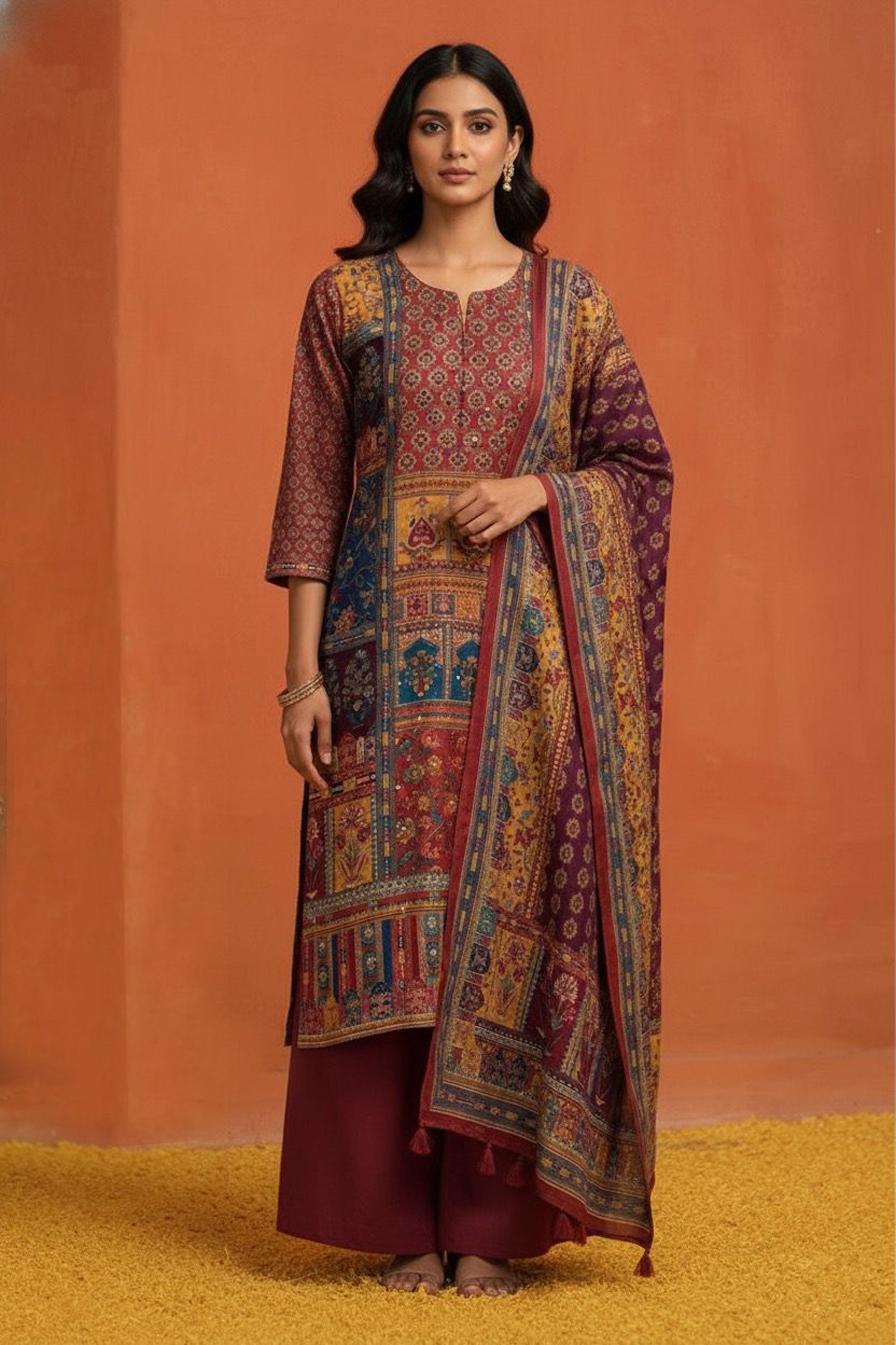 Aurelia Maroon Multicolor Muslin Suit Set | HER-569