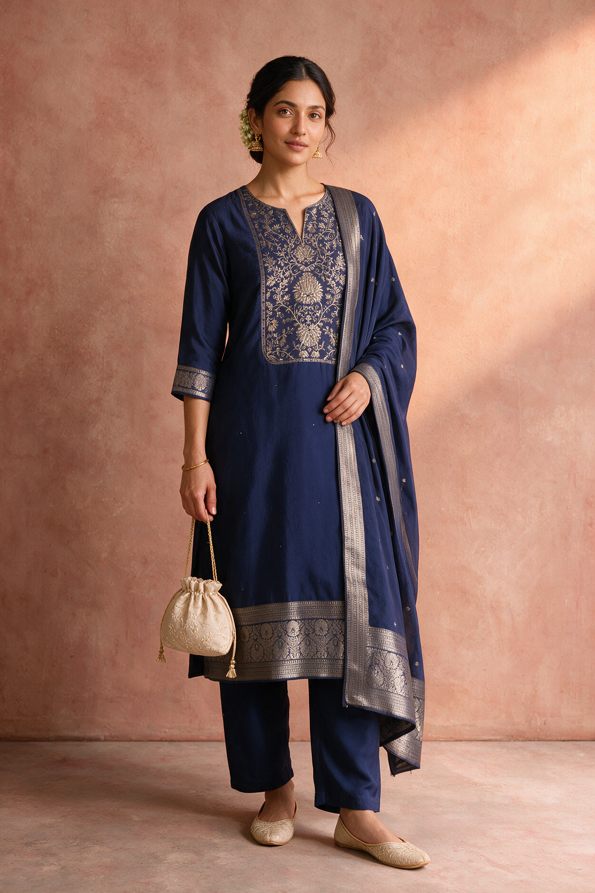 Midnight Blue Dola Silk Zari Embroidered Suit Set