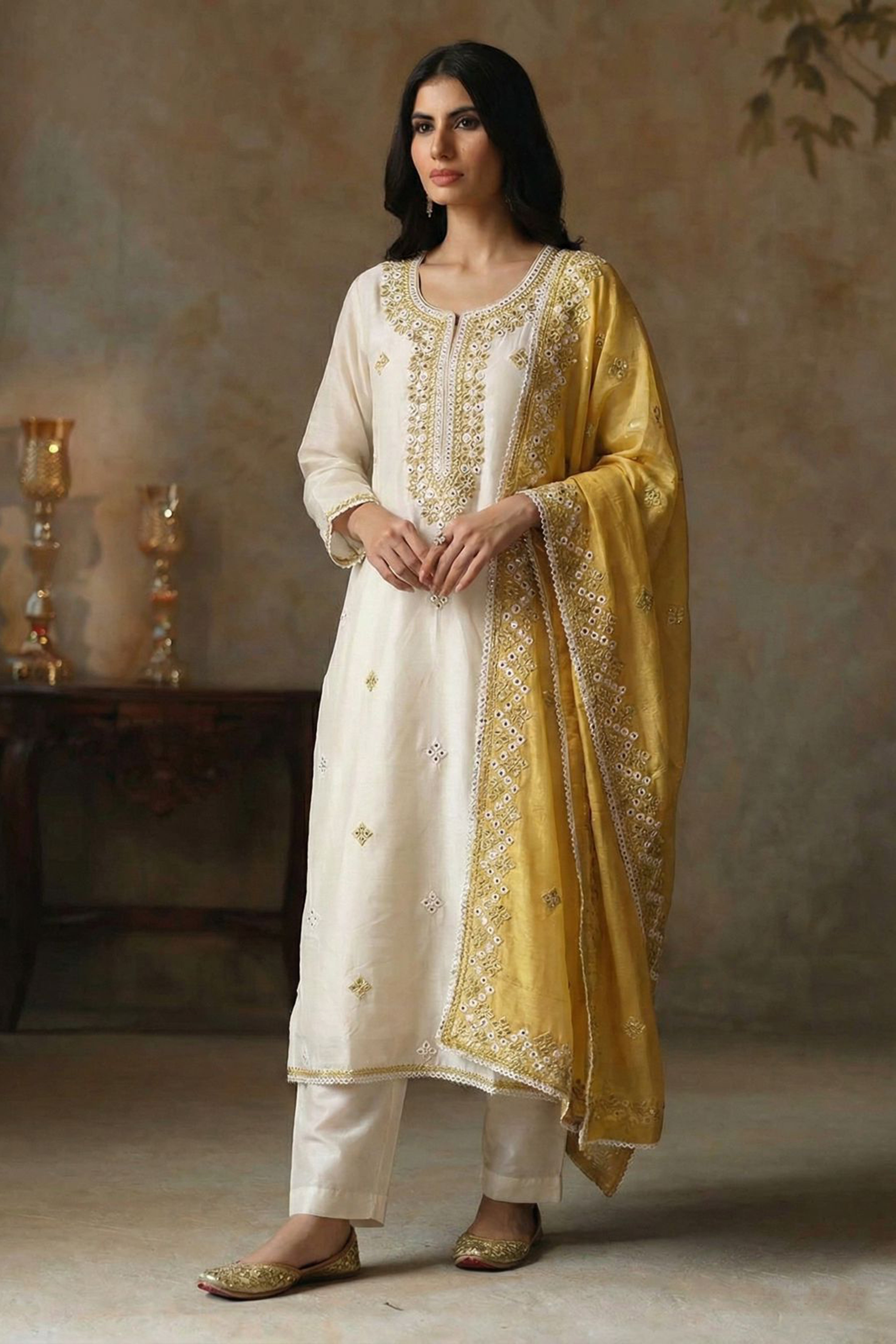 Ivory Chanderi Suit Set with Mirror Work | HER-409