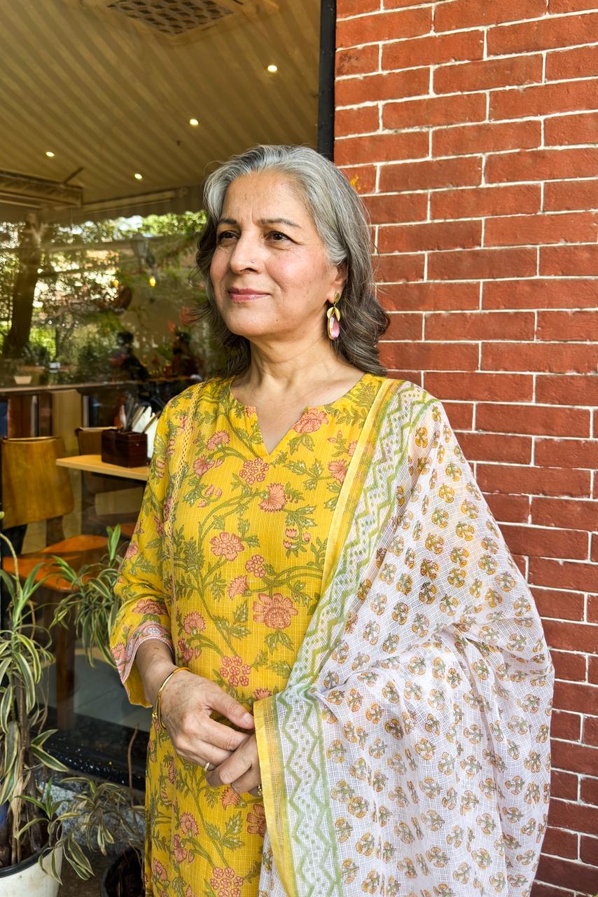 Yellow Floral Printed Suit Set, with Kota Doria Dupatta | HER-756