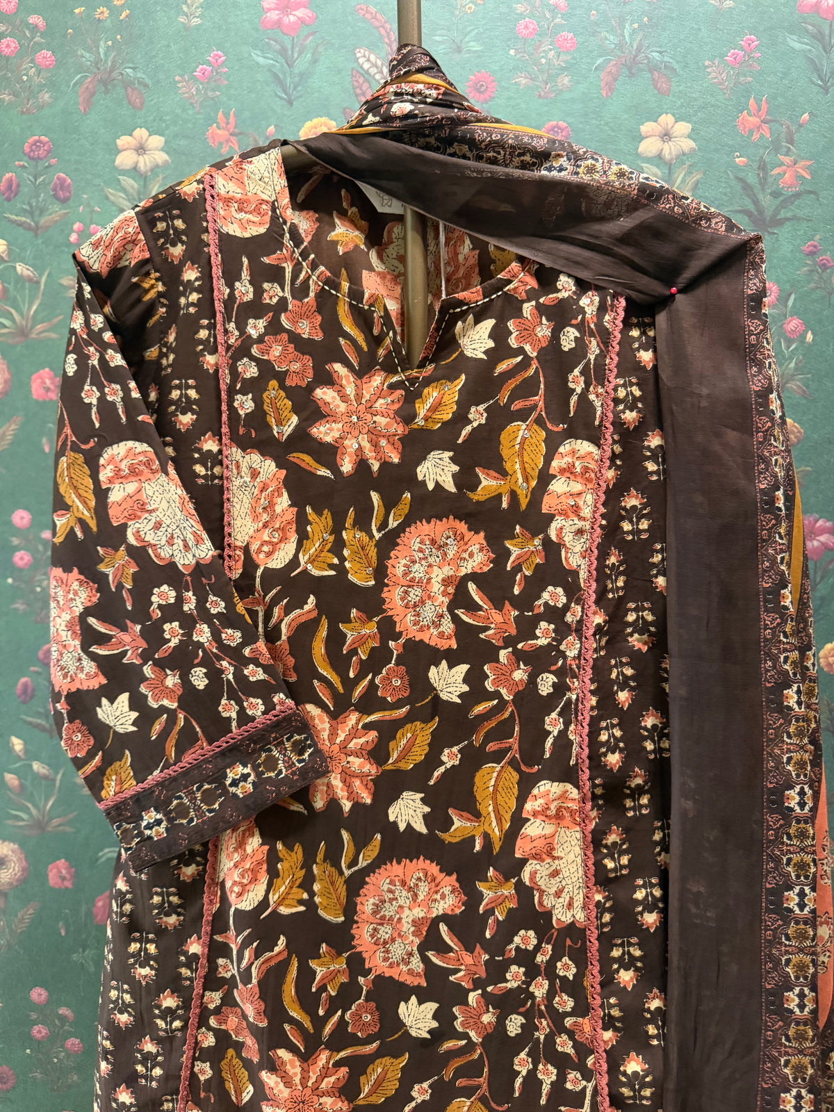 Dark Brown Floral Printed A-Line Cotton Suit Set | HER-713