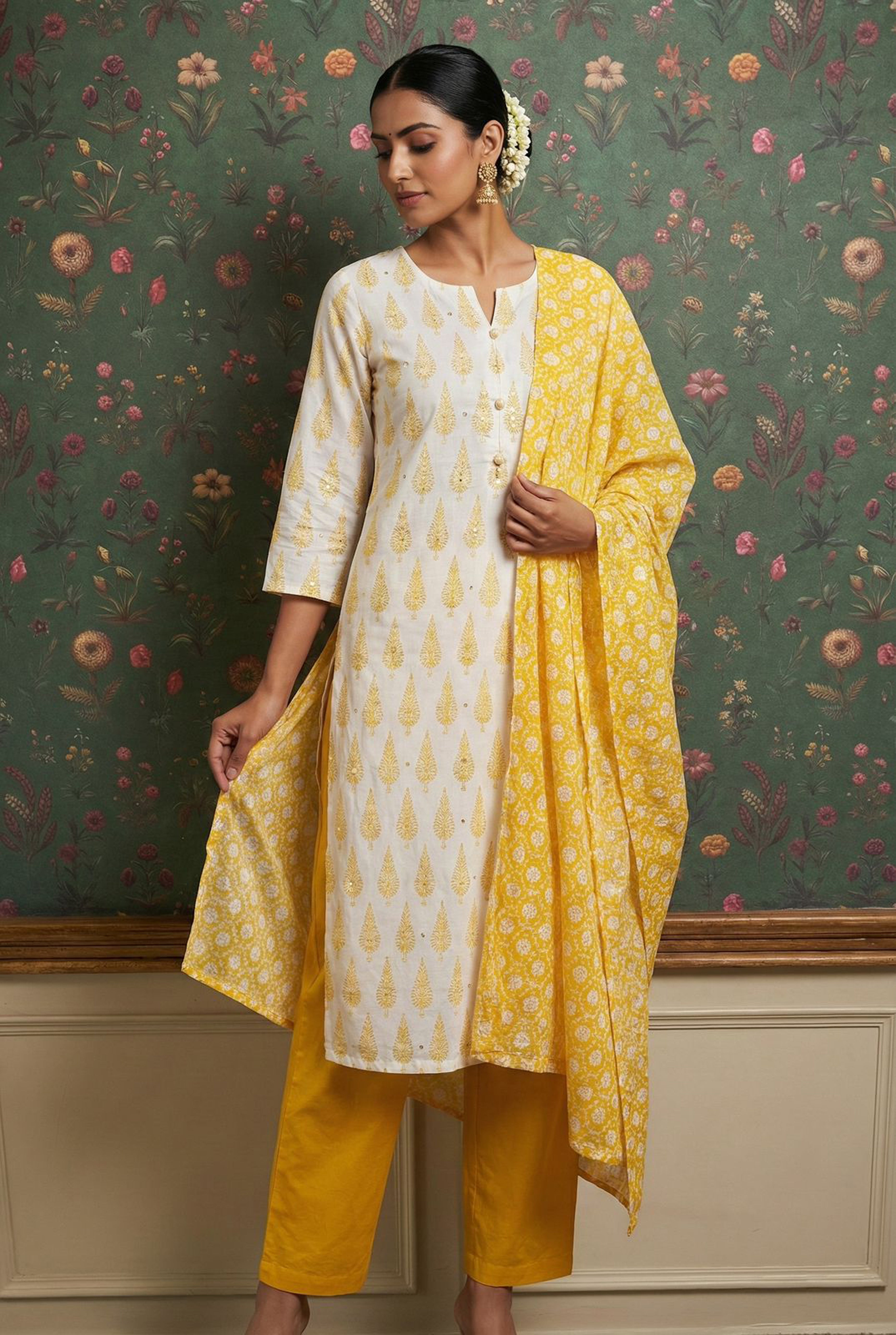 Yellow Motifs Handblock Cotton Suit Set