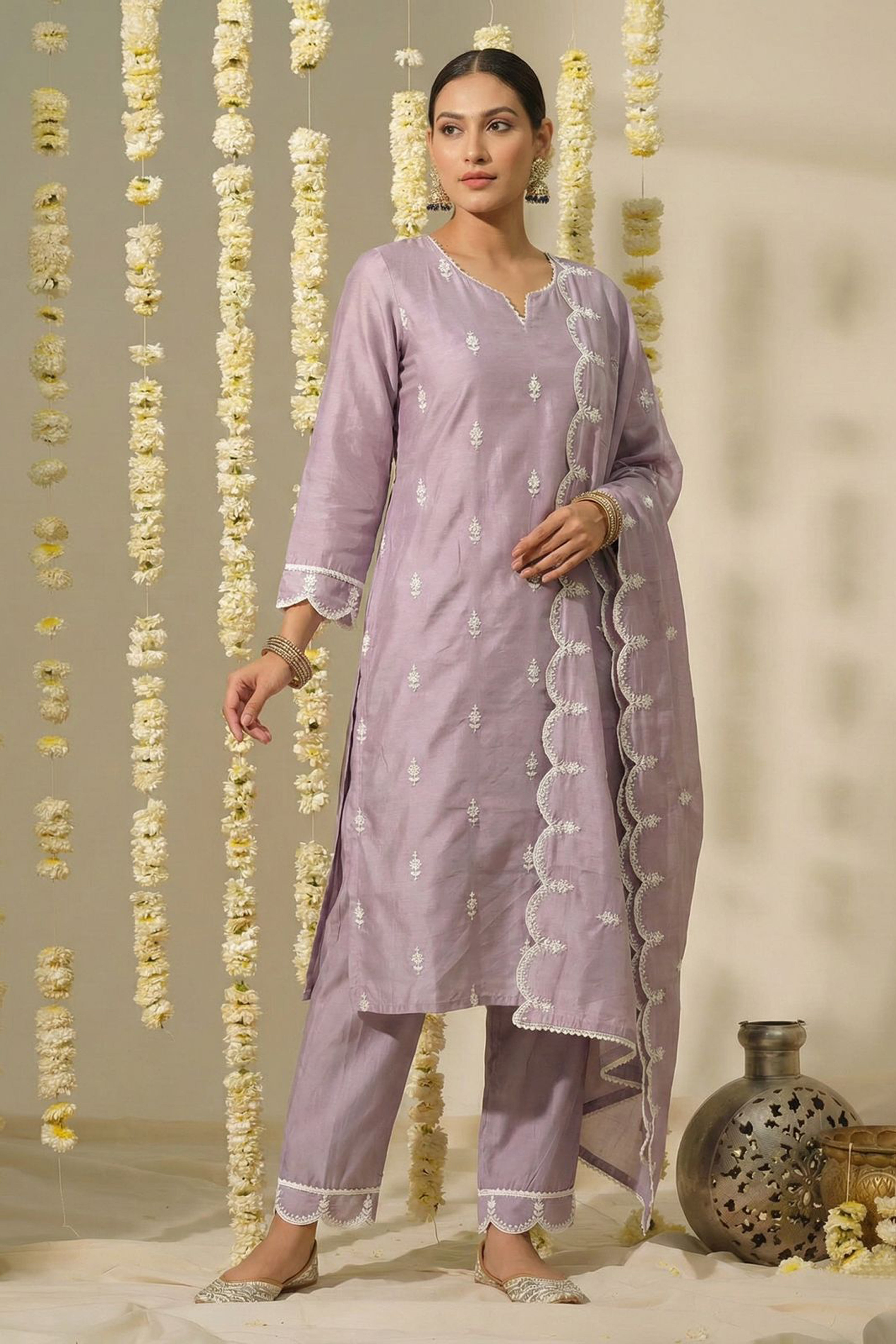 Lilac Hand-Embroidered Chanderi Suit Set | HER-406