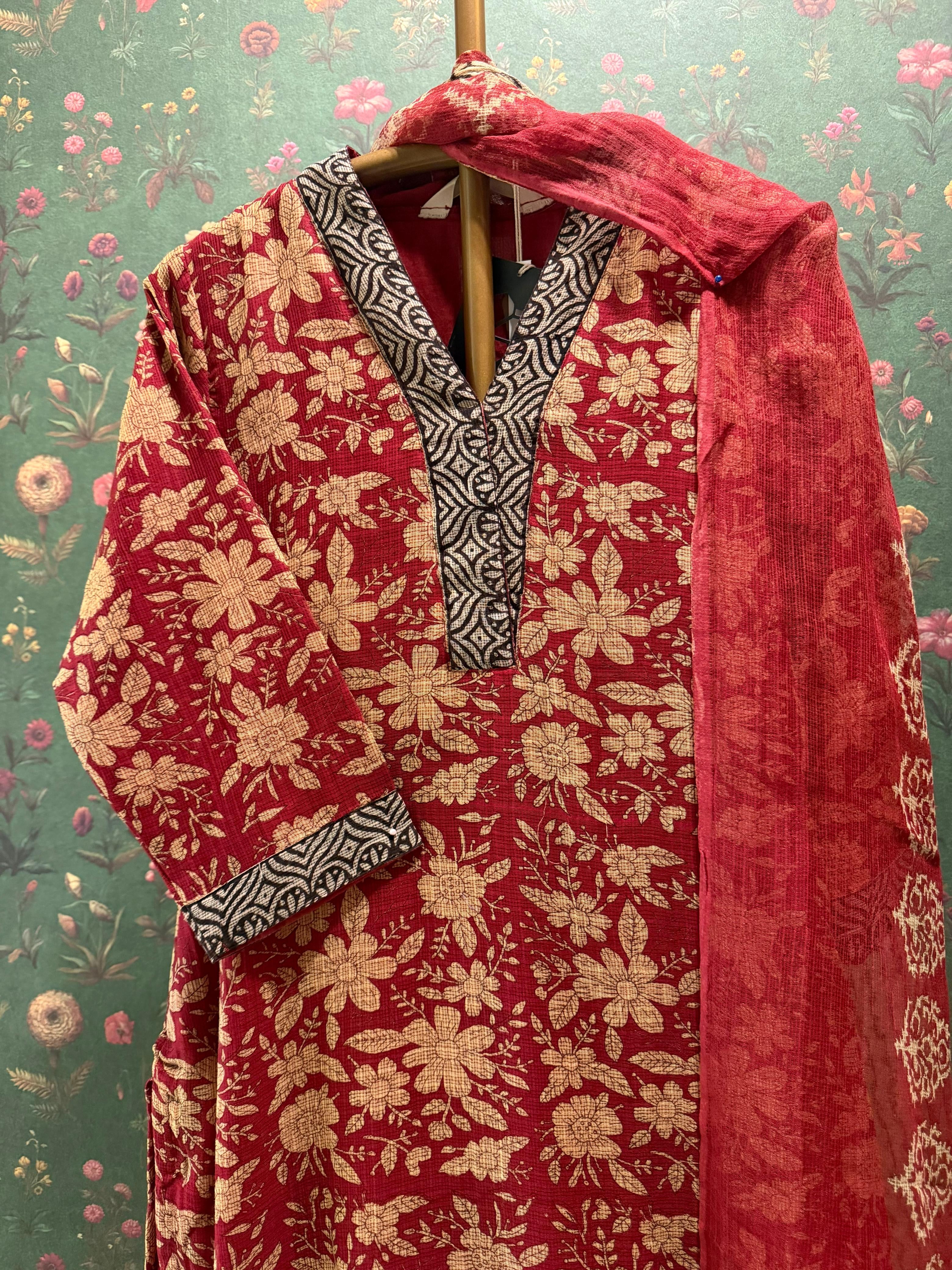 Crimson Red Floral Printed Kota Doria Suit Set, with Kota Doria Dupatta | HER-755