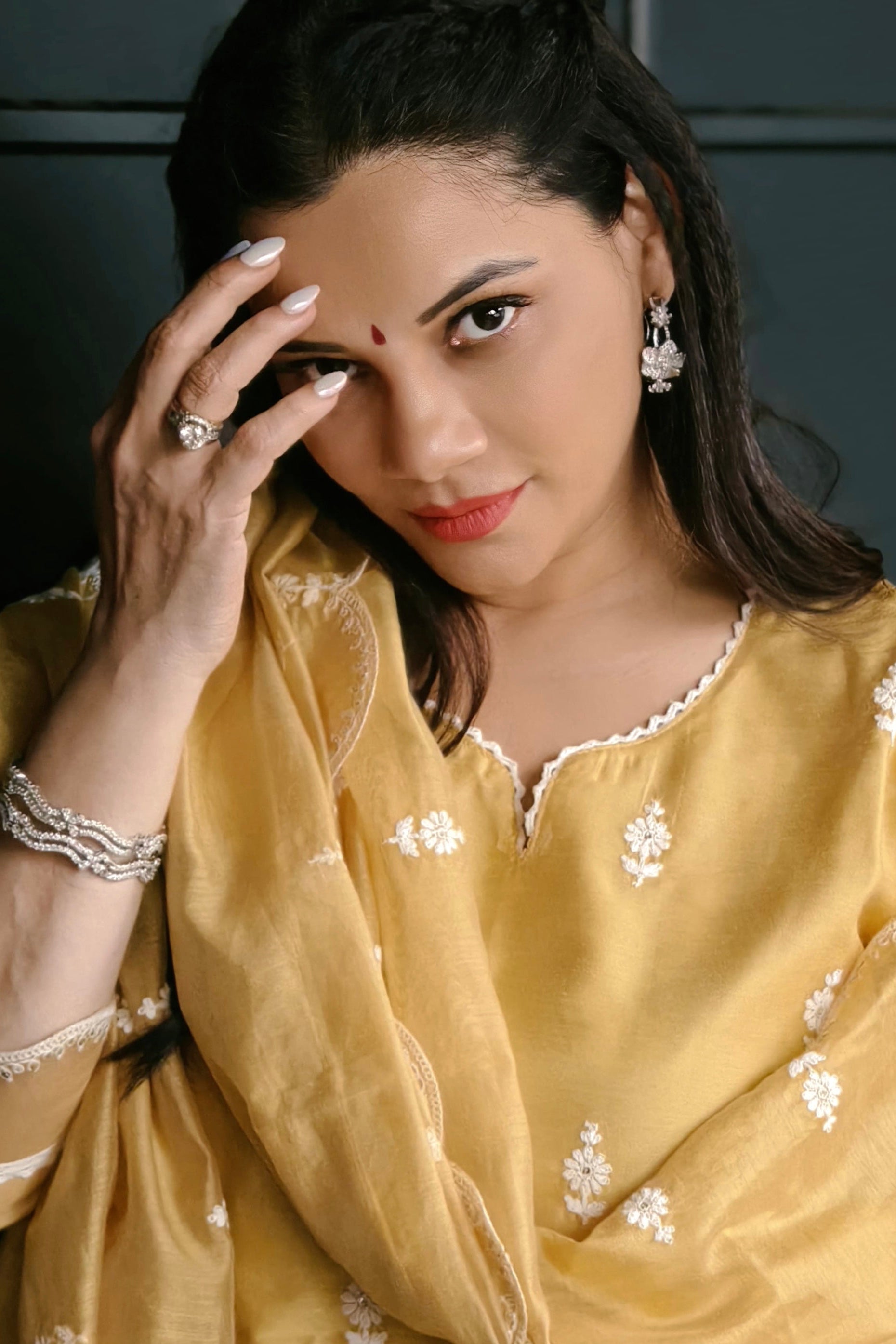 Mustard Yellow Hand-Embroidered Chanderi Suit Set | HER-406