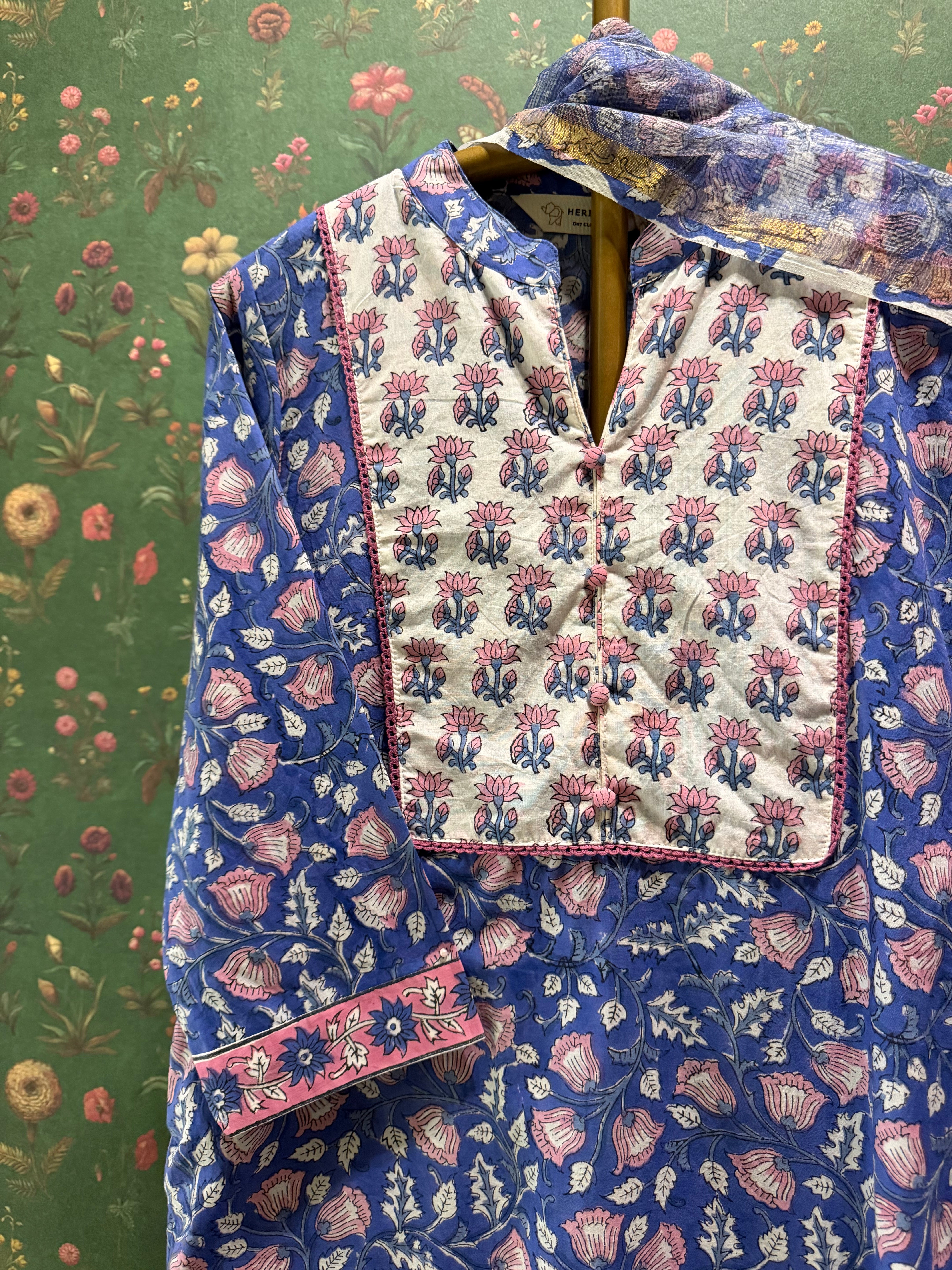 Blue Floral Printed Cotton Suit Set, with Kota Doria Dupatta | HER-753