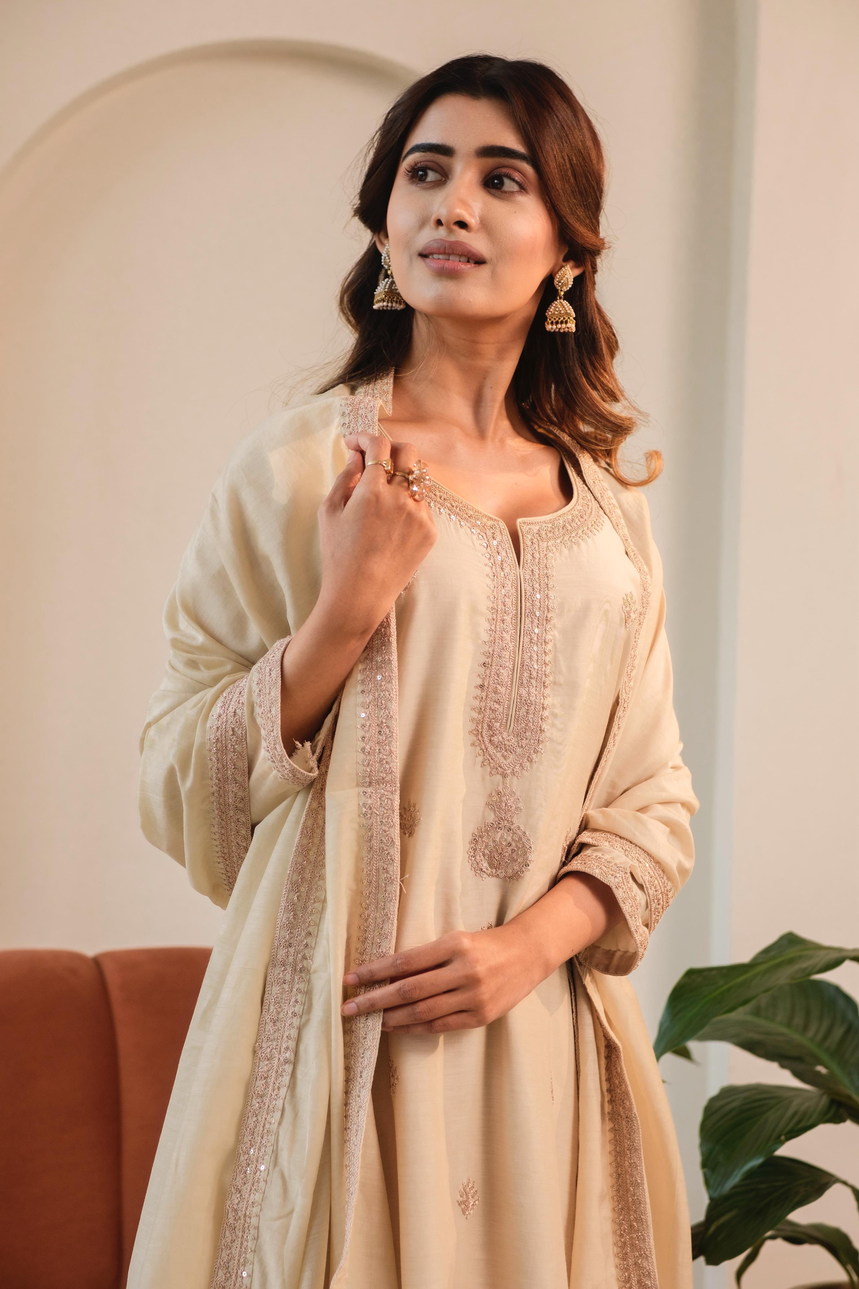 Aafreen Beige Mul Chanderi Embroidered Suit Set | HER-543