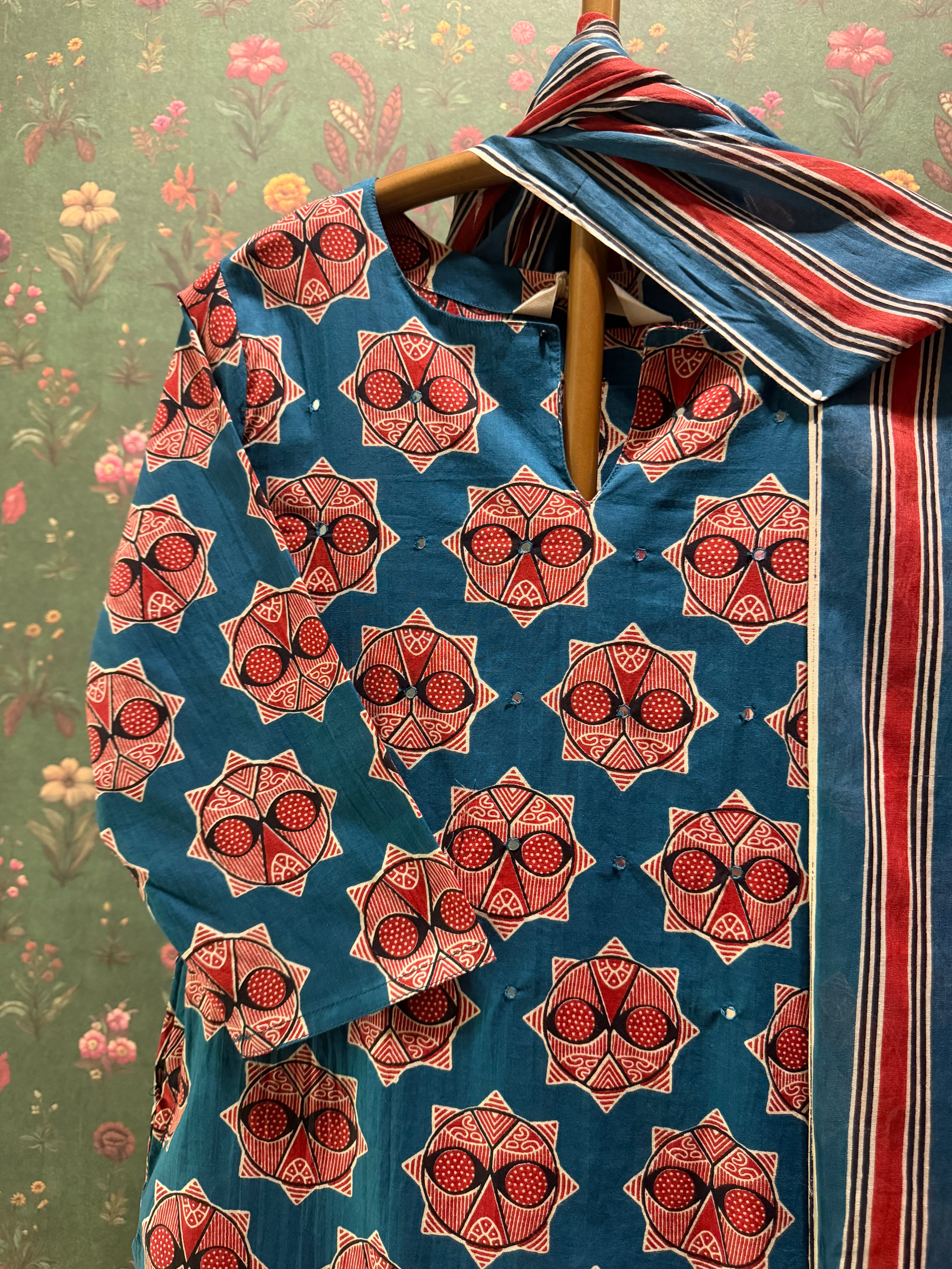 Floral Teal Blue Cotton Printed Suit Set | HER-724