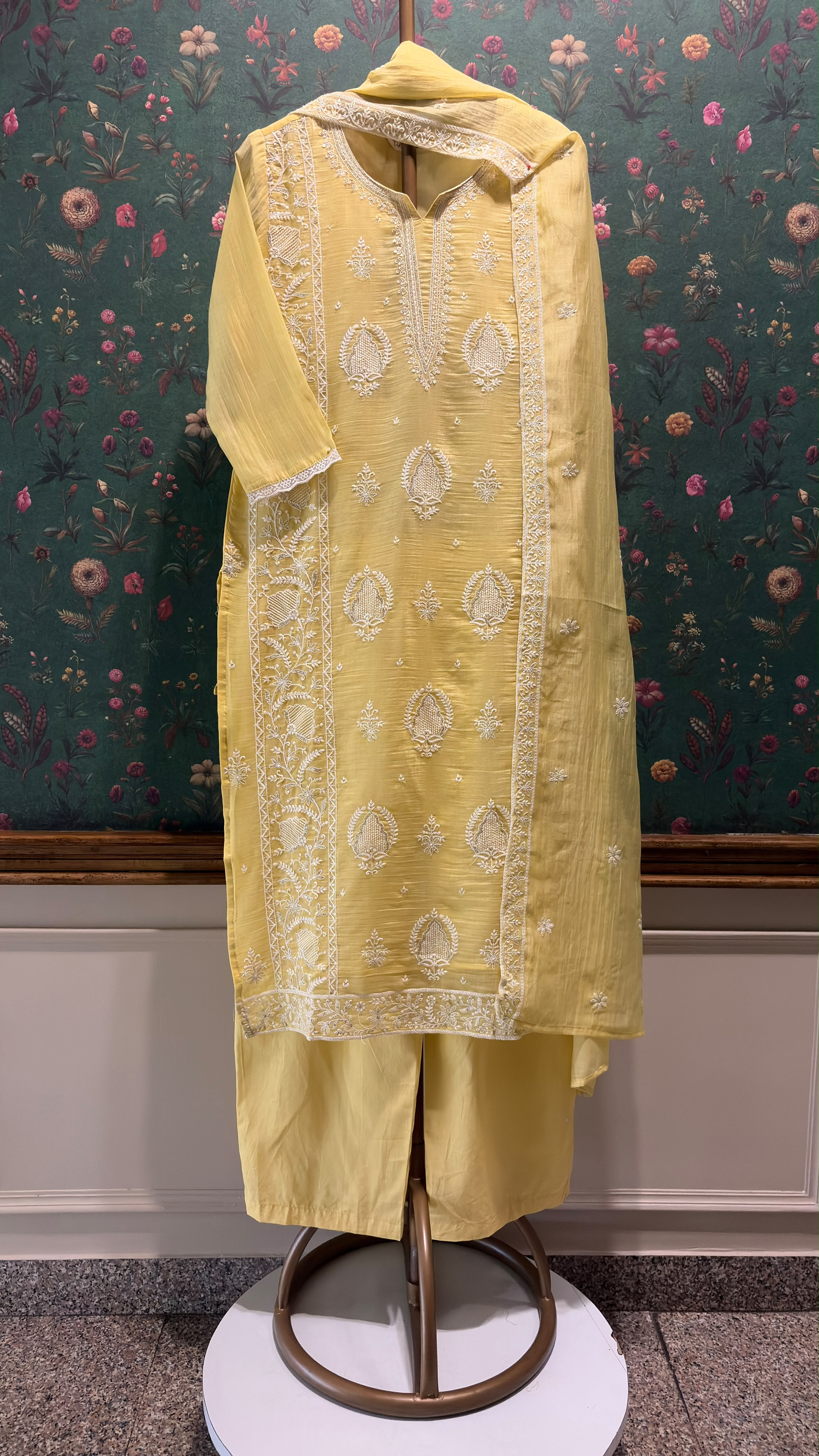 Pastel Yellow Embroidered Mul-Chanderi Suit Set | HER-788