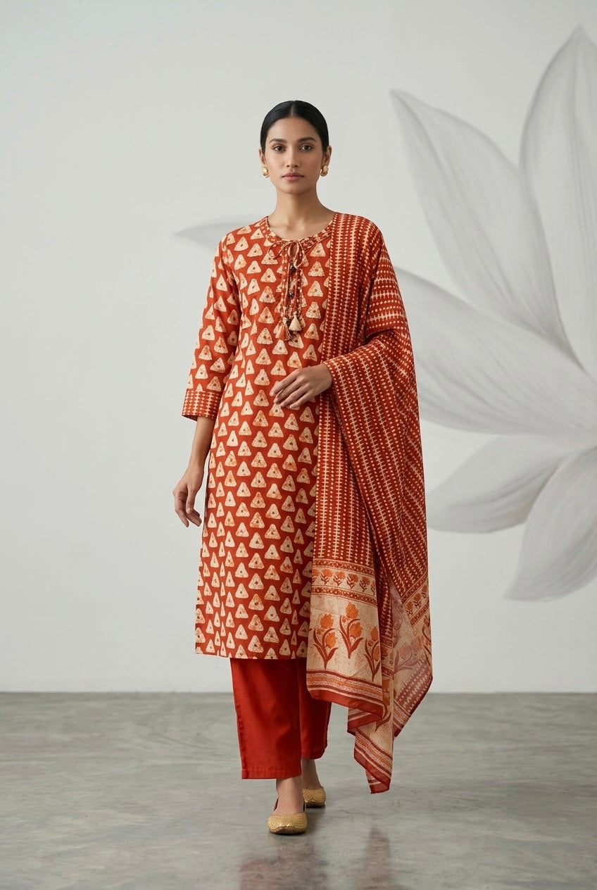 Rust Orange Printed Cotton Suit Set | HER-675