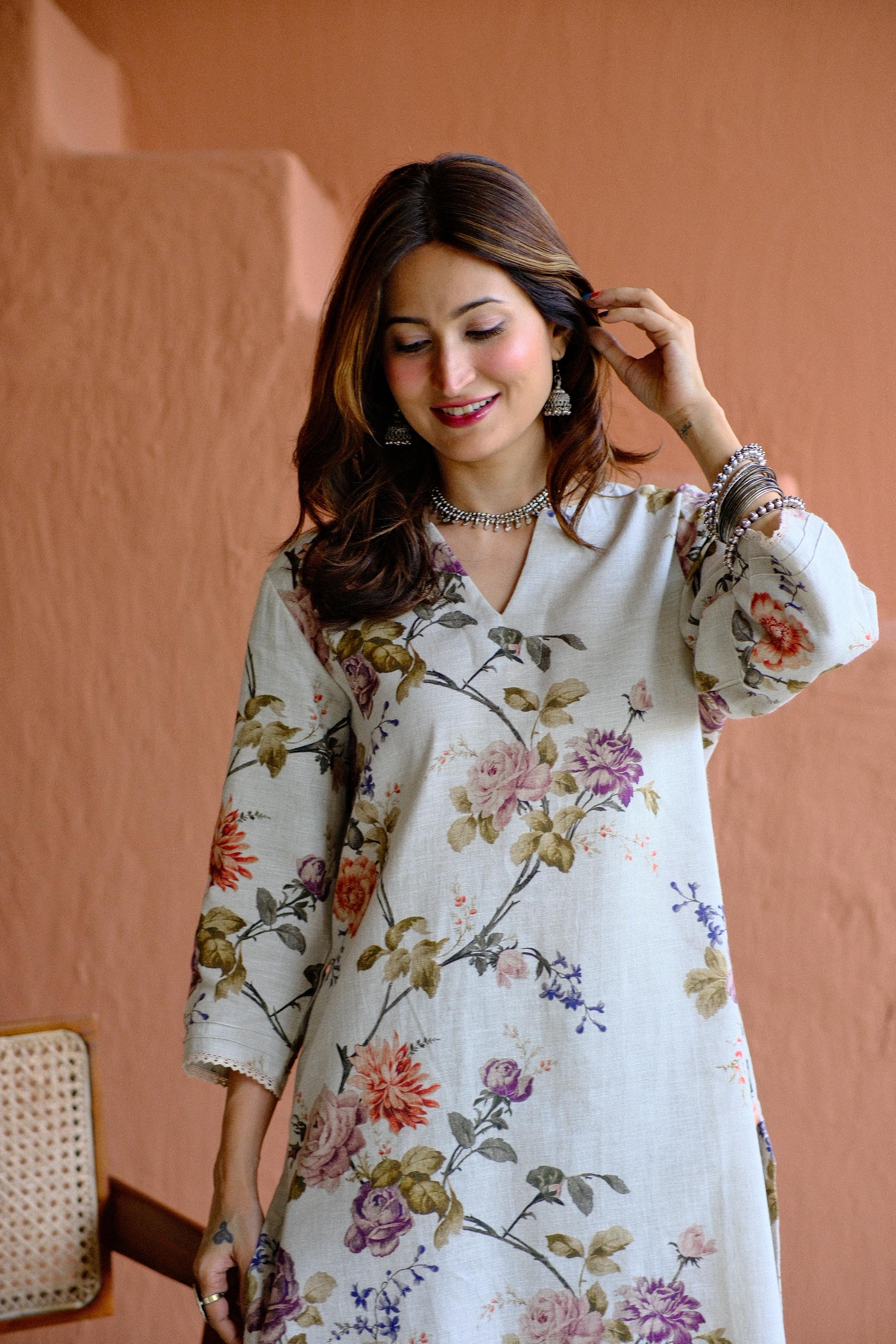 Rosalie Bloom Pure Linen Co-ord/Kurta Set | HER-465