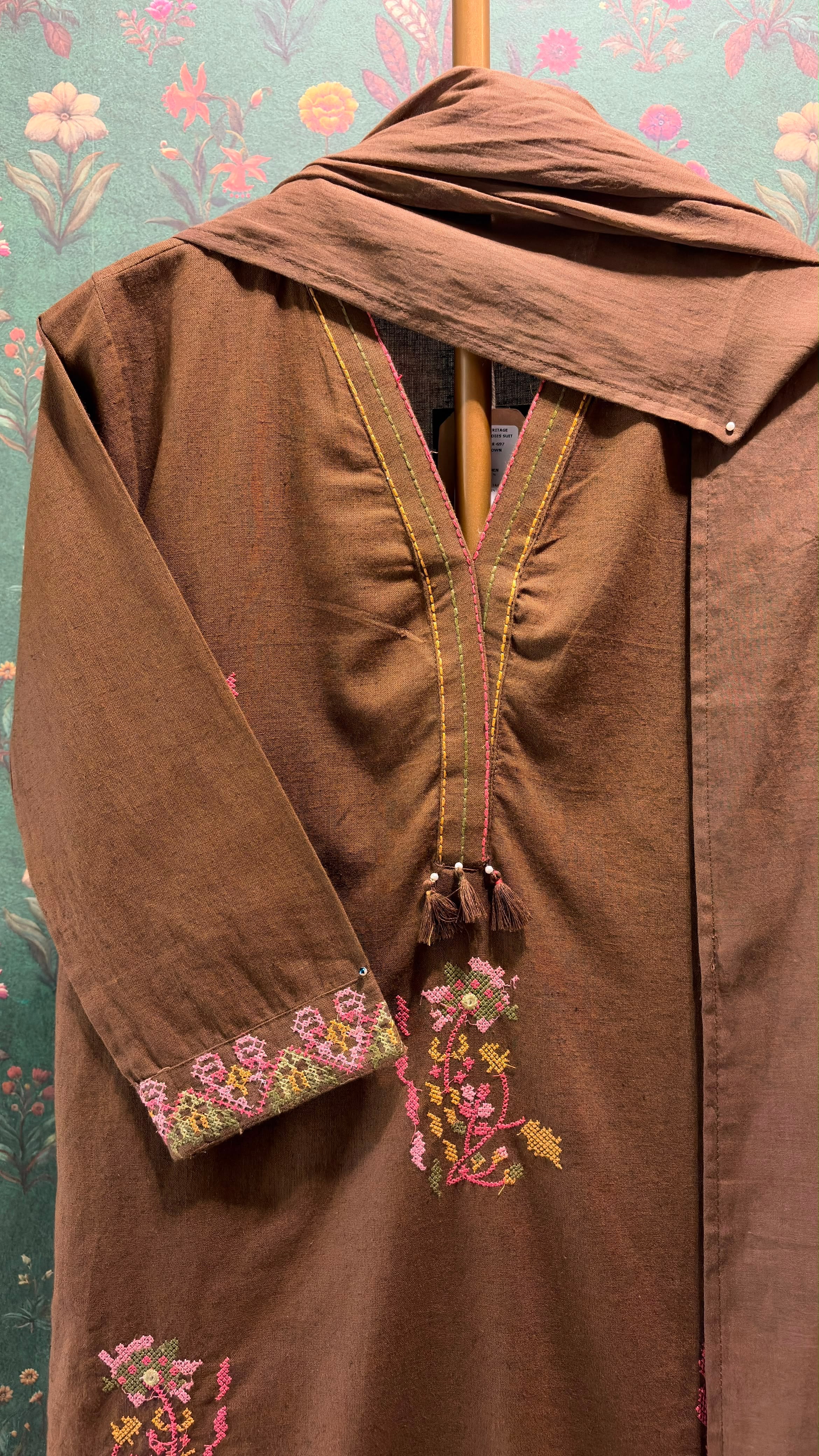 Cocoa Brown Embroidered Cotton Suit Set | HER-697