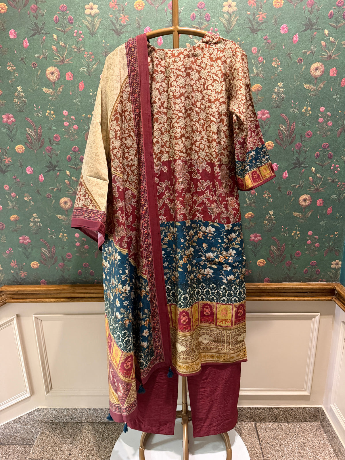 Maroon Printed Soft Silk Suit Set