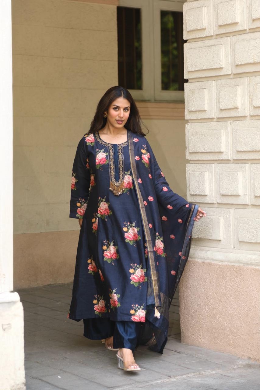 Twilight Black Floral Chanderi A-Line Suit Set | HER-607