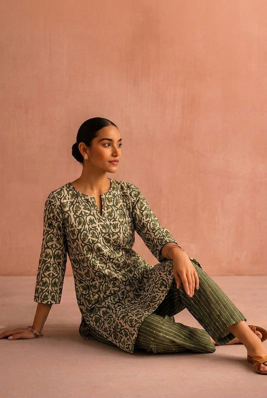 Green Printed Cotton Suit Set | HER-732