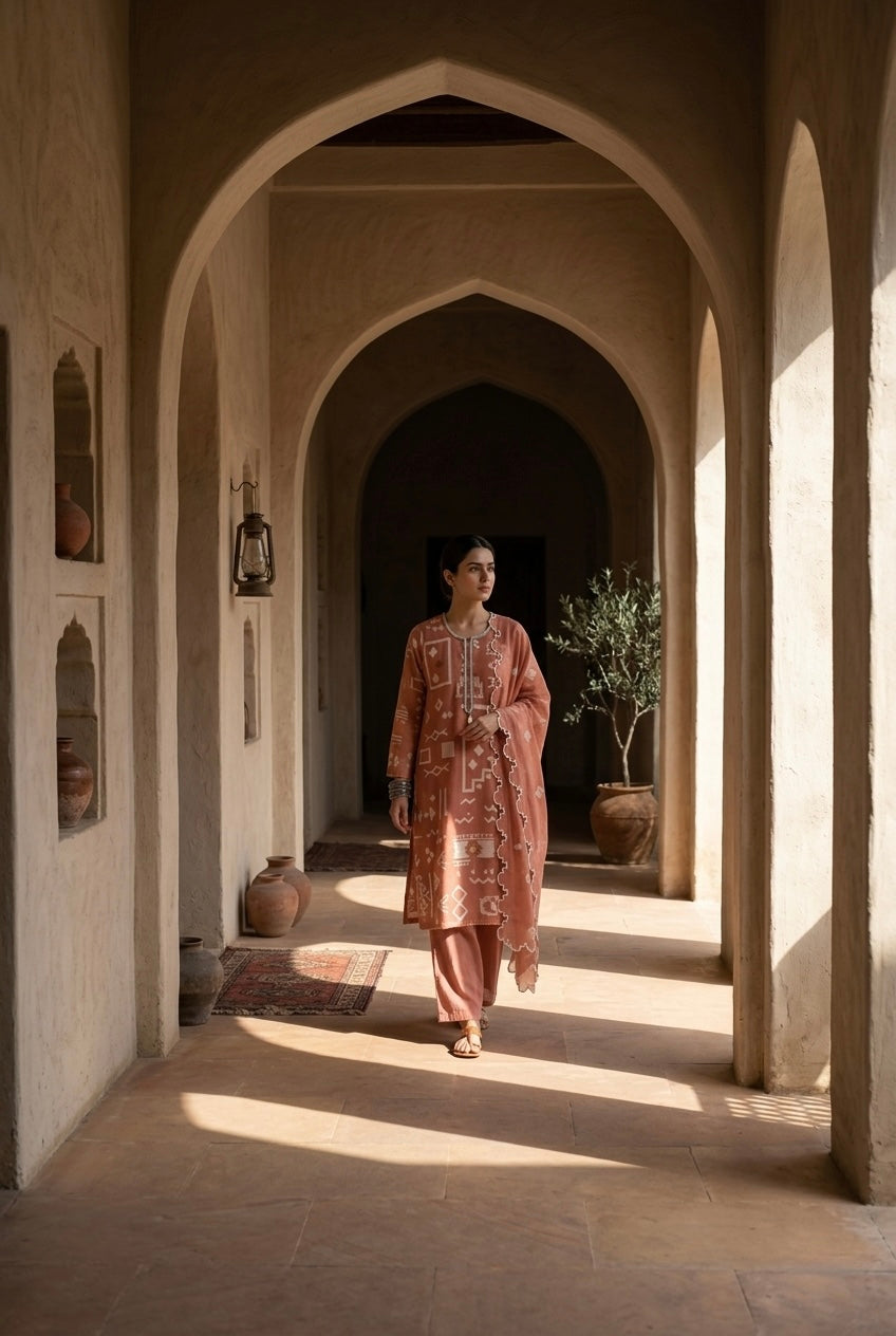 Coral Ikat-Inspired Chanderi Suit Set