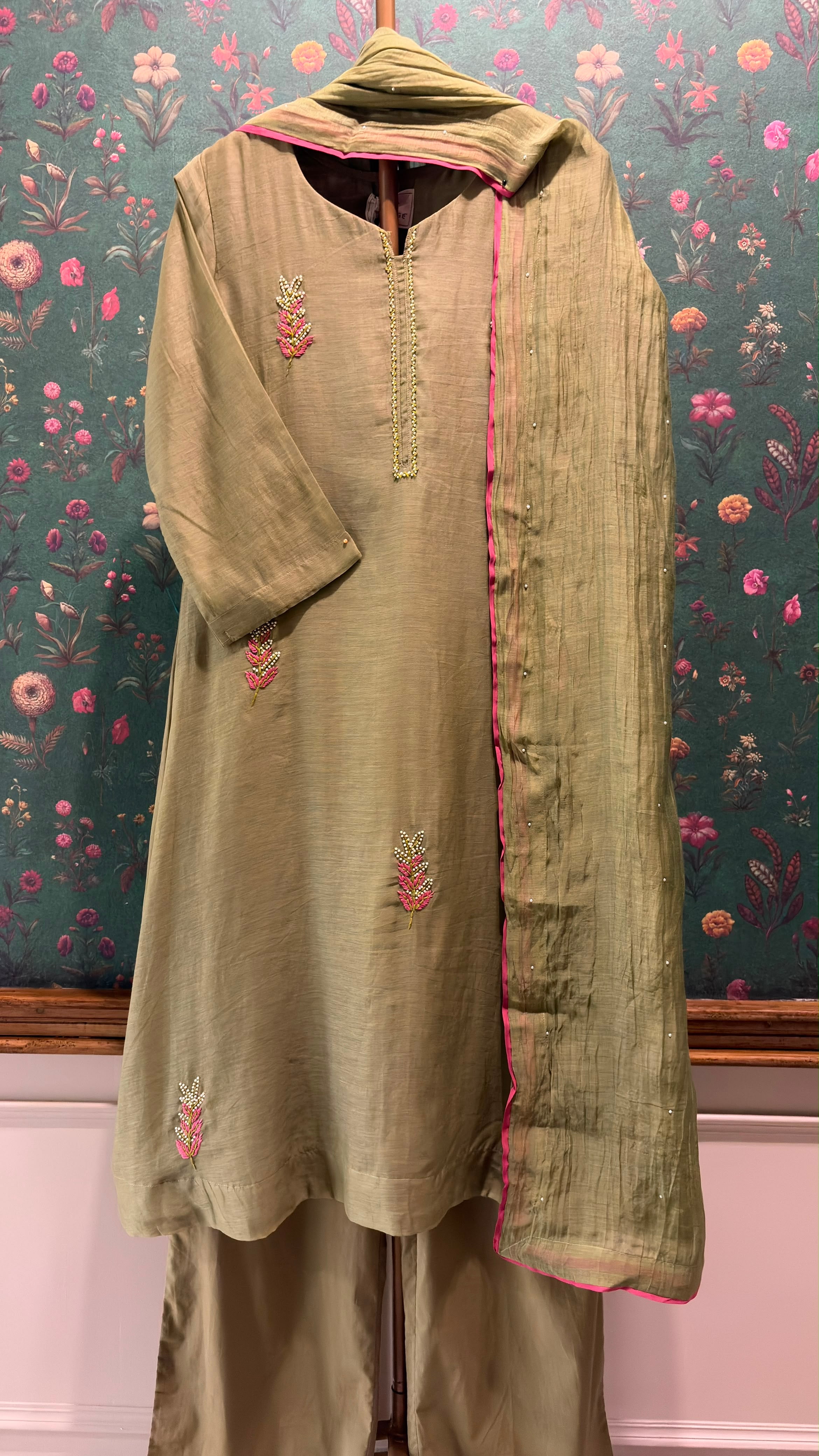 Olive Green Embellished Mul Chanderi A-Line Suit Set