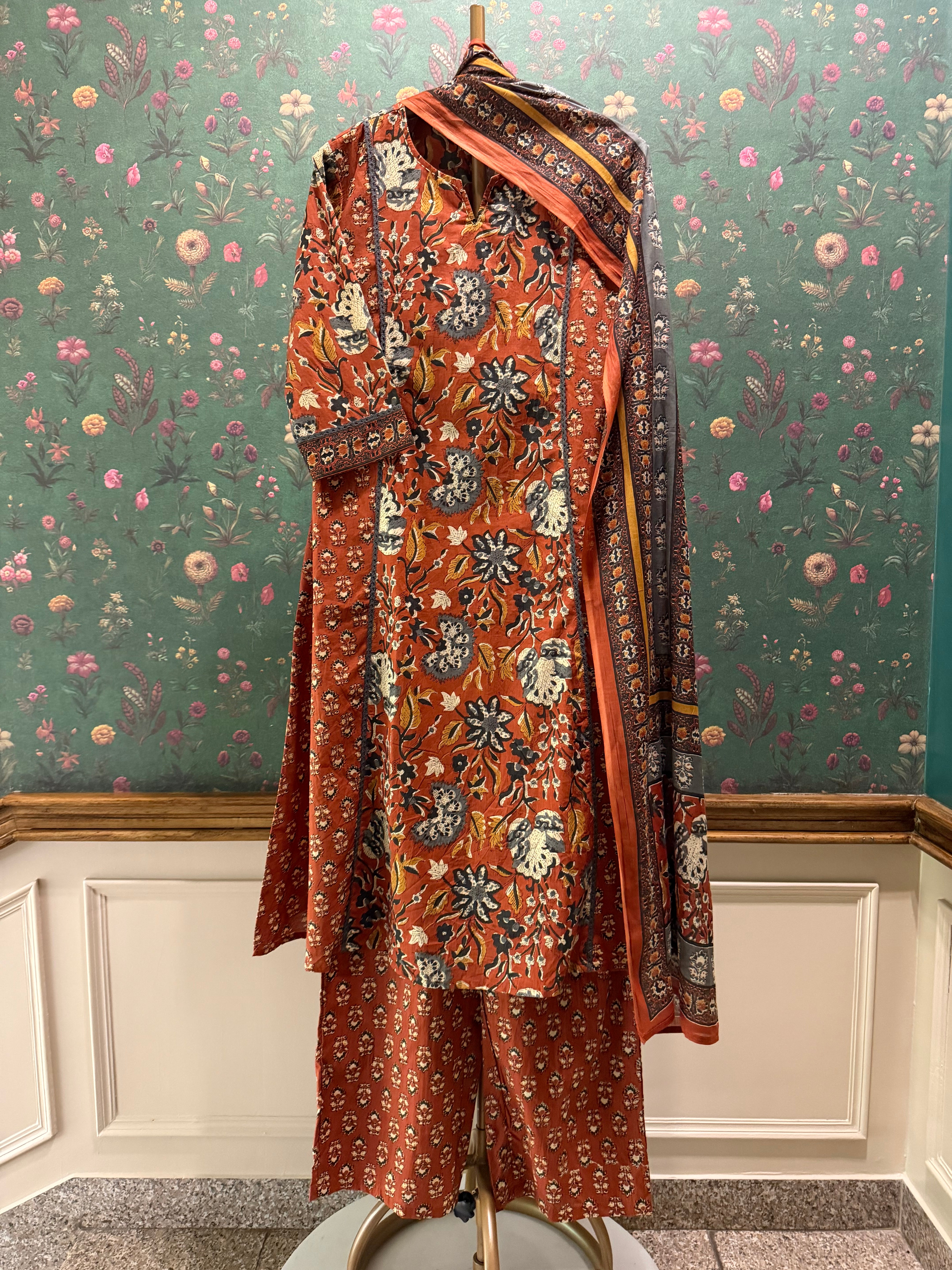 Burnt Saffron Orange Printed A-Line Cotton Suit Set | HER-713
