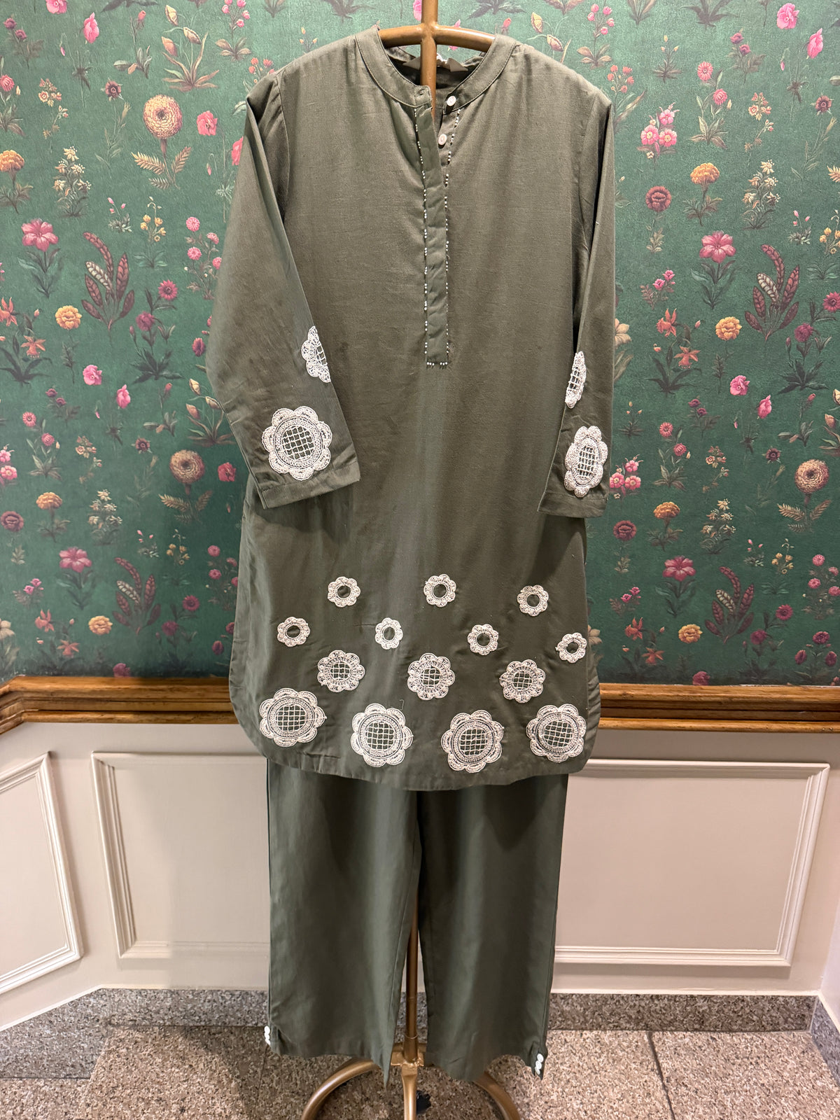 Olive Green Appliqué Khadi Cotton Kurta/Co-ord Set