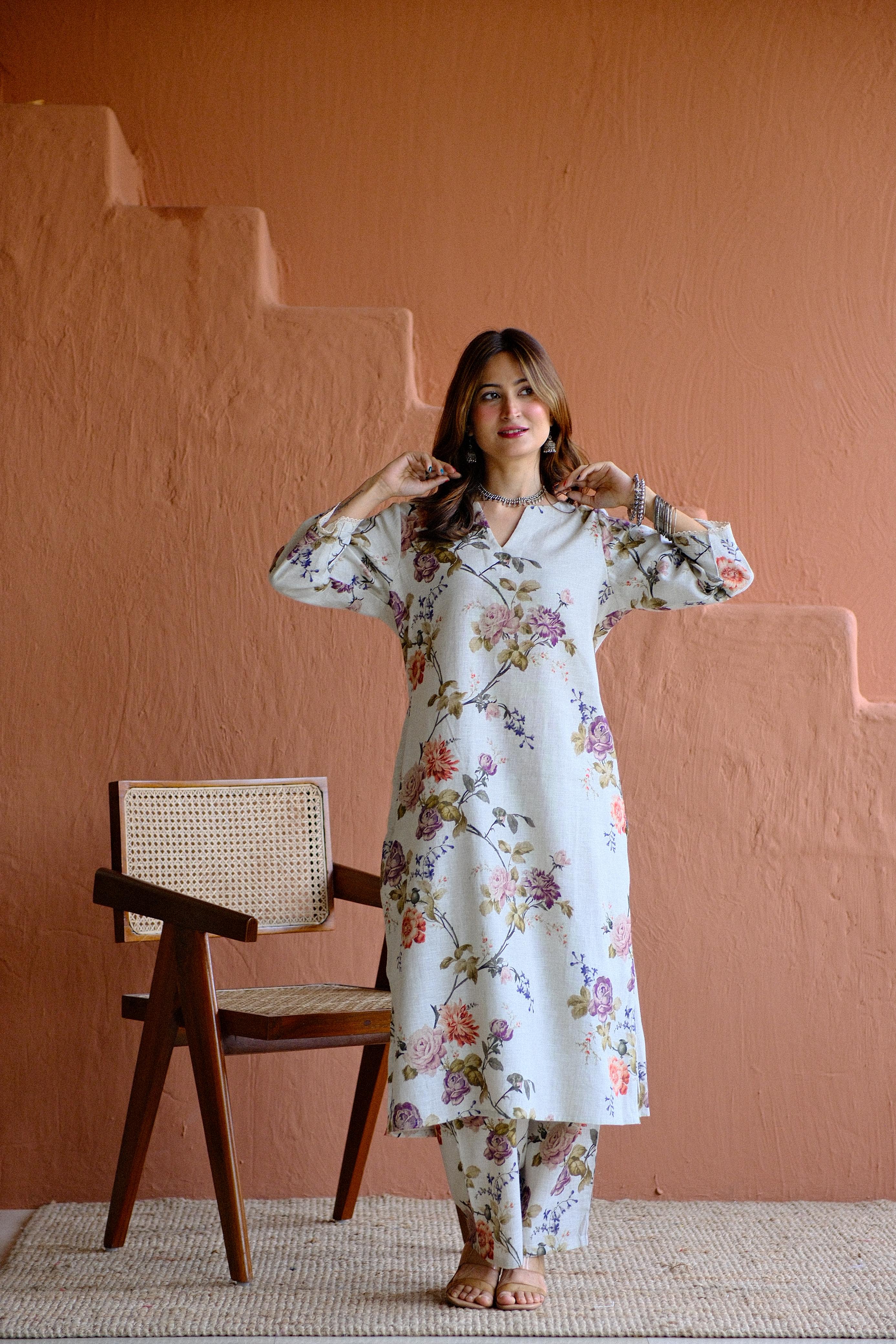 Rosalie Bloom Pure Linen Co-ord/Kurta Set | HER-465