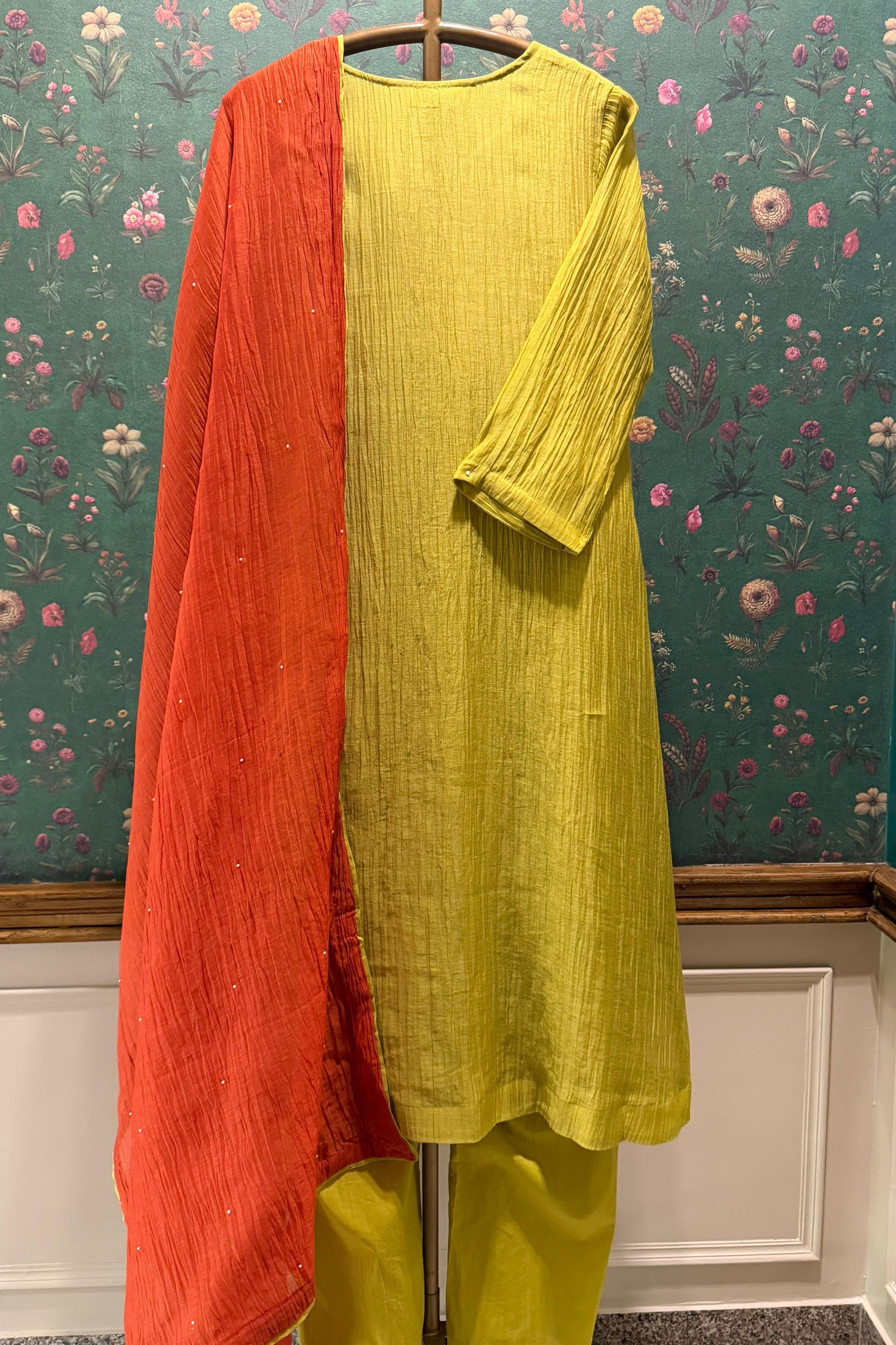 Vanyara Lime Green A-Line Mul Chanderi Suit Set | HER-625