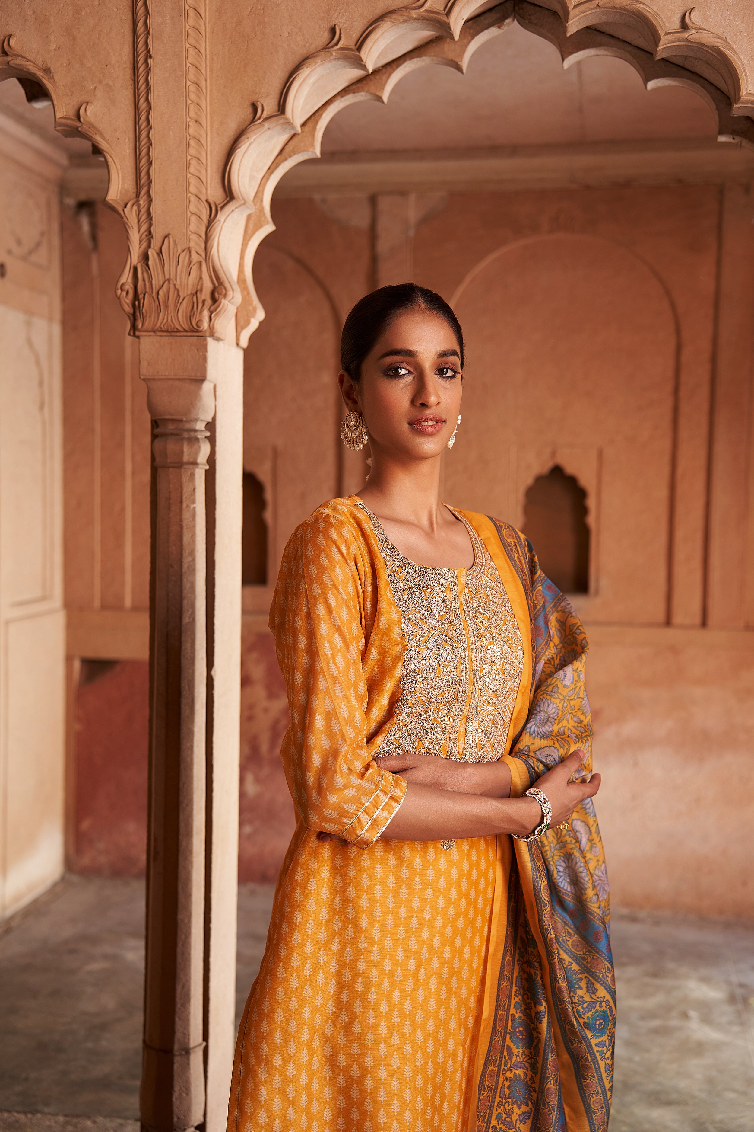 Mustard Chanderi Embroidered Suit Set