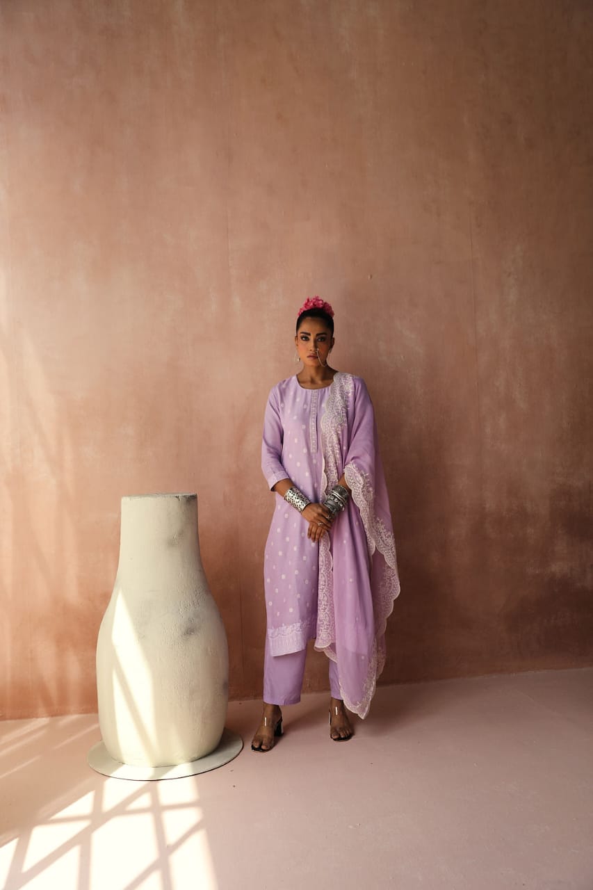 Lavender Straight Fit Cotton Silk Suit Set | HER-236