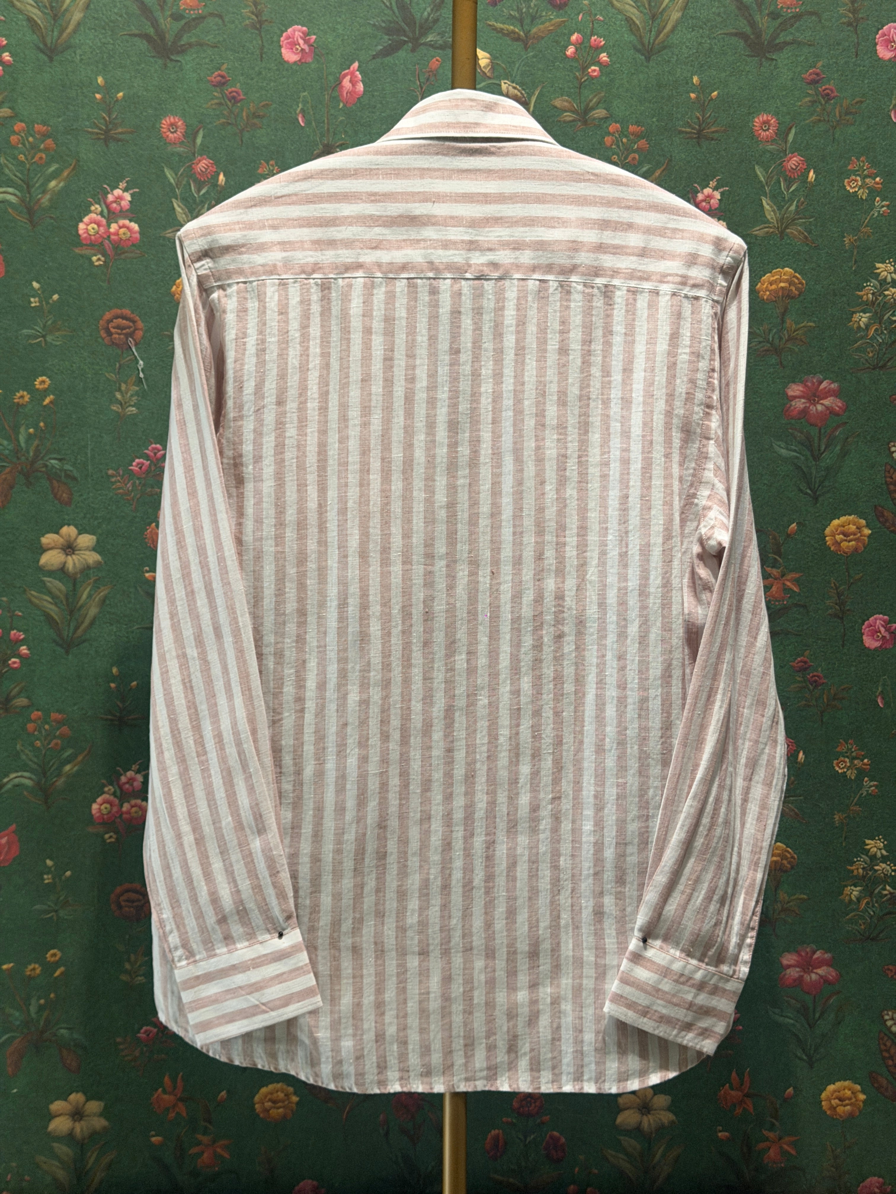 Men’s Blush Pink & White Striped Pure Linen Full Sleeves Shirt