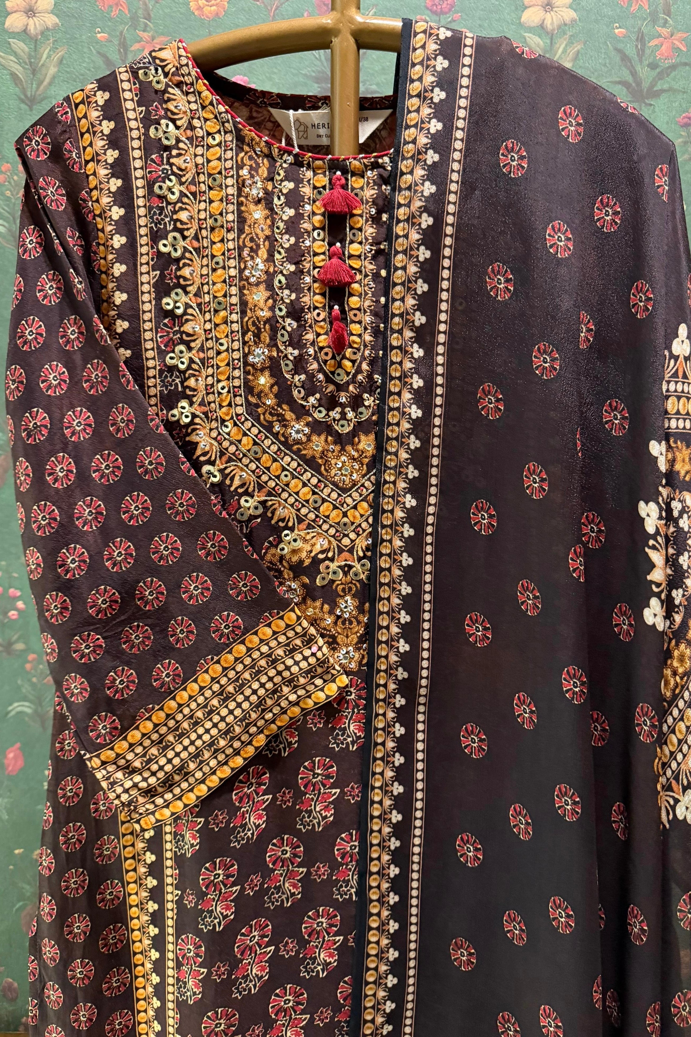 Dark Brown Mughal Motif Embellished Suit Set | HER-615