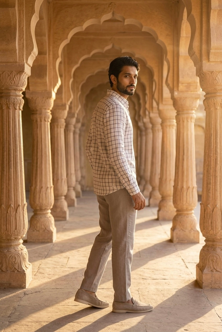 Men’s Ivory Grey Check Pure Linen Full Sleeves Shirt